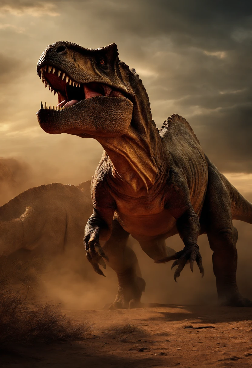 a fierce battle between a T-Rex and a triceratops, (best quality, 4k, highres, ultra-detailed), intense fight, roaring and trumpeting sounds, dusty prehistoric landscape, realistic shadows, vivid colors, (detailed, intricate, elaborate) dinosaur scales and textures, dynamic movements, (fierce, determined) expressions on the dinosaur faces, (powerful, muscular) bodies, sharp teeth and horns, (large, imposing) size, (dramatic, dynamic) lighting, (powerful, energetic) poses, (tension, anticipation) in the air