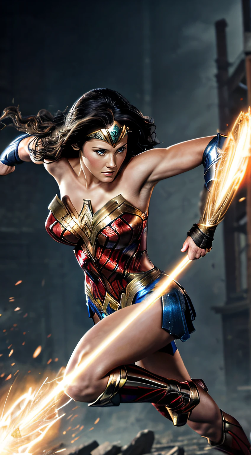 Rachel Mcadams as wonder woman jumping to blow a punch