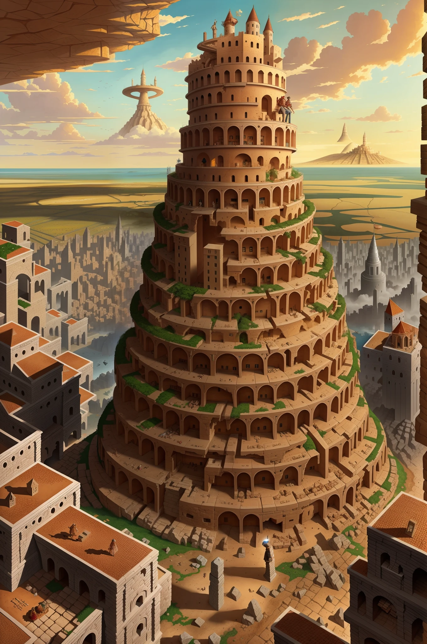 Arafed Torre de Babel em uma cidade povoada com uma torre, Arquitetura romana surrealista, Torre de Babel, Para Torre de Babel, Babel, Bruegels Uma Torre de Babel, Biblioteca de Babel, Directed by: Artur Tarnowski, Marcos Simonetti. intrincado, Marc _ Simonetti, Uma Biblioteca de Babel
