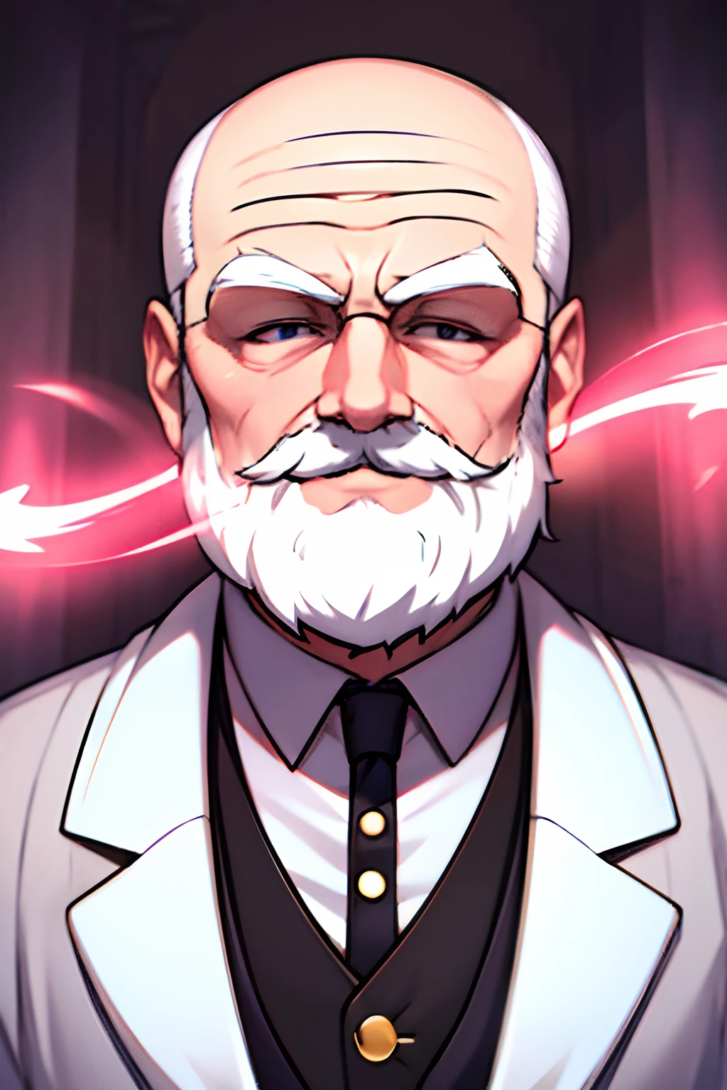 Very old man, suit, white mustache, bald spot on top, white hair, wrinkles, smile, glowing hair, white skin