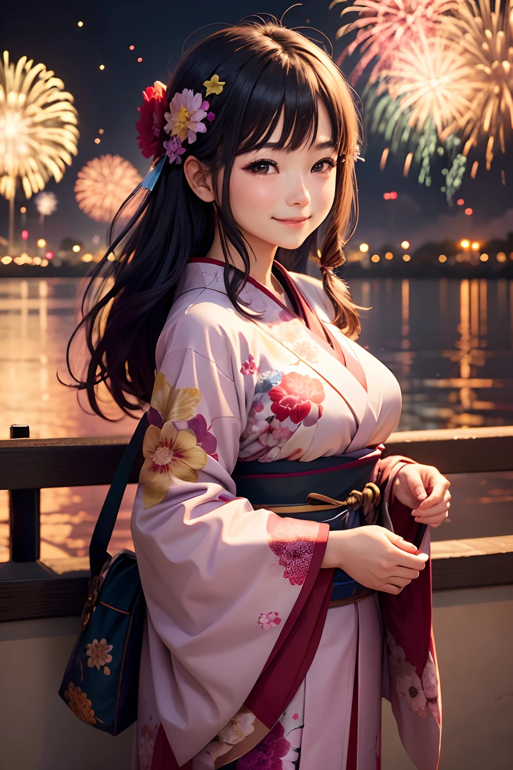 girl with、a smile、huge smile、frontage、Lovers、Kimono appearance、Fireworks Festival、Fireworks set off in the background、Pull your hand