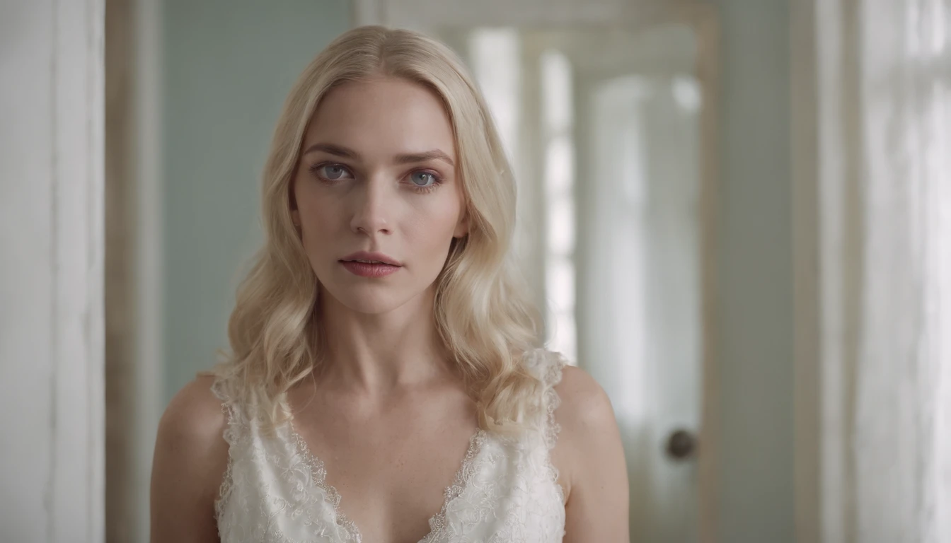 Ultra realistic image of the creepy spirit of a blonde woman , com vestido branco , pale, cara aterrorizante , She's inside a bathroom and in that bathroom there's a mirror on the wall next to her