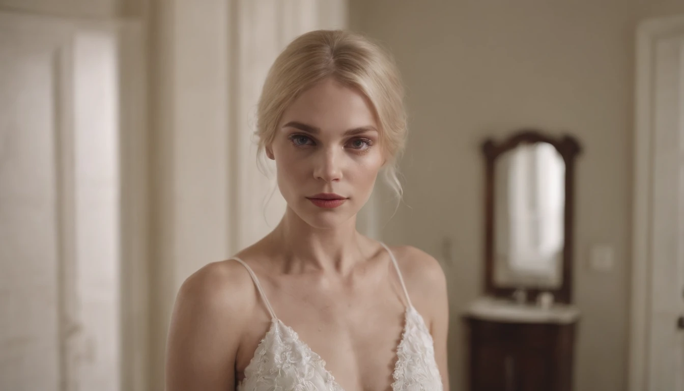Ultra realistic image of the creepy spirit of a blonde woman , com vestido branco , pale, cara aterrorizante , She's inside a bathroom and in that bathroom there's a mirror on the wall next to her