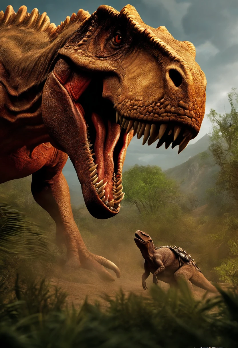 una feroz batalla entre un T-Rex y un triceratops, (La mejor calidad, 4k, Altas Resoluciones, Ultra detallado), Lucha intensa, rugidos y trompetas, Dusty prehistoric landscape, Sombras realistas, vivid colors, (Detallado, intrincado, elaborar) Escamas y texturas de dinosaurios, Dynamic Moves, (feroz, determinado) Expresiones en las caras de dinosaurios, (poderoso, muscular) Cuerpos, dientes afilados y cuernos, (big size ass, imponente) Size, (dramatic, dynamic) luci, (poderoso, energetic) Plantea, (tension, anticipation) En el aire,1 versus 1,sangre,cazando,defendiendose,