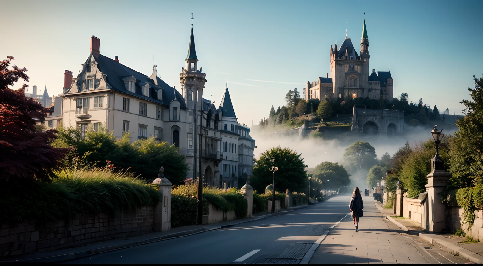 a fantasy town with a castle on the hilltop, in the style of ray tracing, soft and dreamy depictions, en plein air, light-filled scenes, pigeoncore, detailed character design, light cyan and green