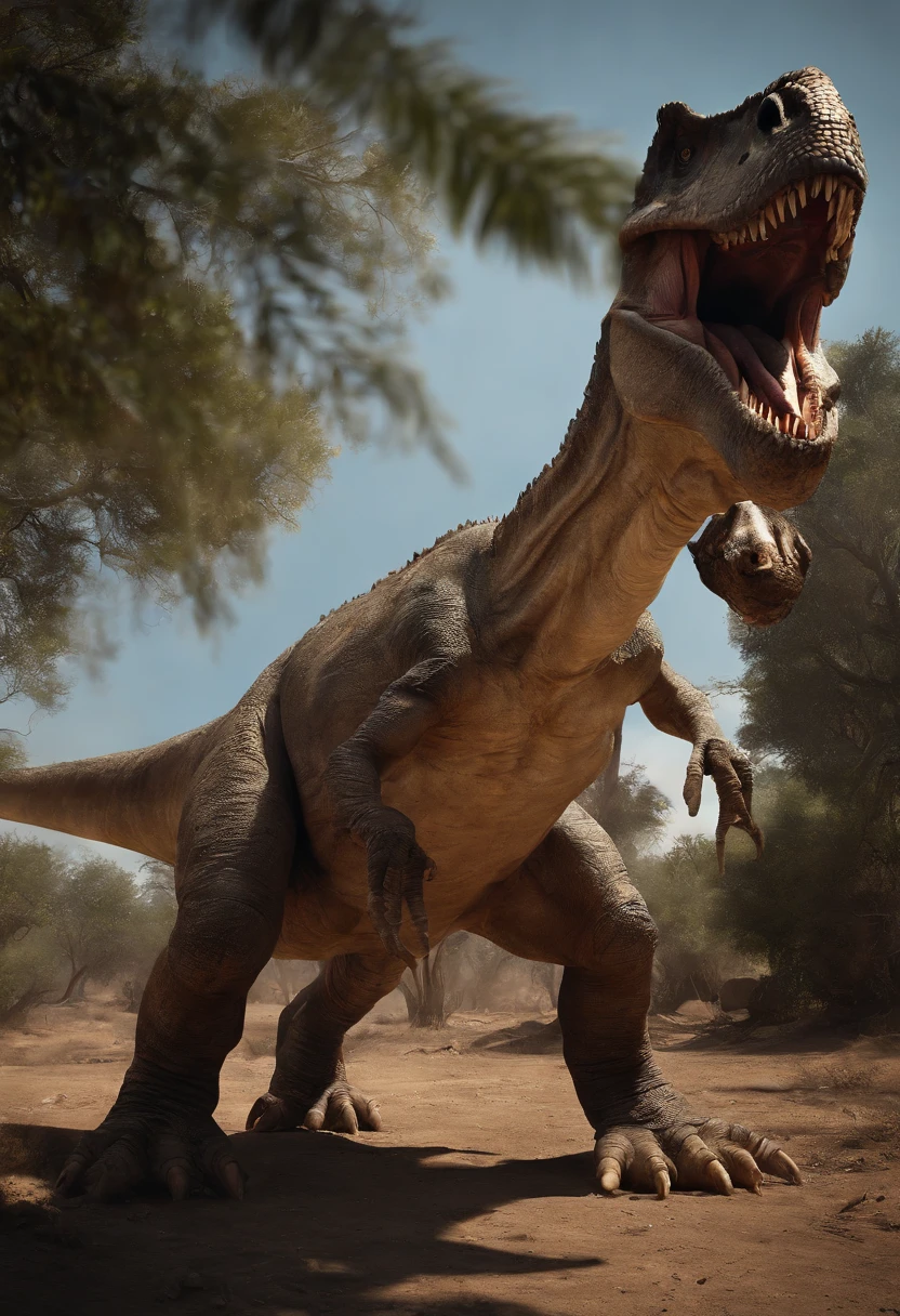 una feroz batalla entre un T-Rex y un triceratops, (La mejor calidad, 4k, Altas Resoluciones, Ultra detallado), Lucha intensa, rugidos y trompetas, Dusty prehistoric landscape, Sombras realistas, vivid colors, (Detallado, intrincado, elaborar) Escamas y texturas de dinosaurios, Dynamic Moves, (feroz, determinado) Expresiones en las caras de dinosaurios, (poderoso, muscular) Cuerpos, dientes afilados y cuernos, (big size ass, imponente) Size, (dramatic, dynamic) luci, (poderoso, energetic) Plantea, (tension, anticipation) En el aire,1 versus 1,sangre,cazando,defendiendose,lucha de vida o muerte