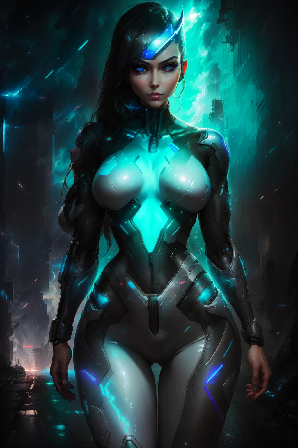 (((from face to the waist:1. 3)), (((beauty slim shape)))) best quality, hyperrealistic masterpiece, astonish anime beauty gray cyberpunk mech plugsuit superheroine, portrait photorealist, perfect and realist skin, glowing sharp vivid colors eyes, HDR, 4k
