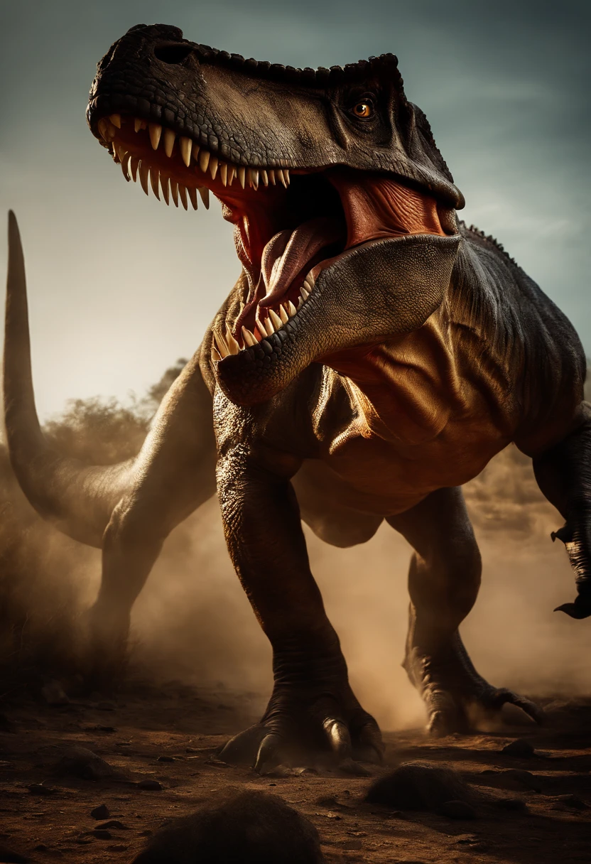 una feroz batalla entre un T-Rex y un triceratops, (La mejor calidad, 4k, Altas Resoluciones, Ultra detallado), Lucha intensa, rugidos y trompetas, Dusty prehistoric landscape, Sombras realistas, vivid colors, (Detallado, intrincado, elaborar) Escamas y texturas de dinosaurios, Dynamic Moves, (feroz, determinado) Expresiones en las caras de dinosaurios, (poderoso, muscular) Cuerpos, dientes afilados y cuernos, (big size ass, imponente) Size, (dramatic, dynamic) luci, (poderoso, energetic) Plantea, (tension, anticipation) En el aire,1 versus 1,sangre,cazando,defendiendose,lucha de vida o muerte