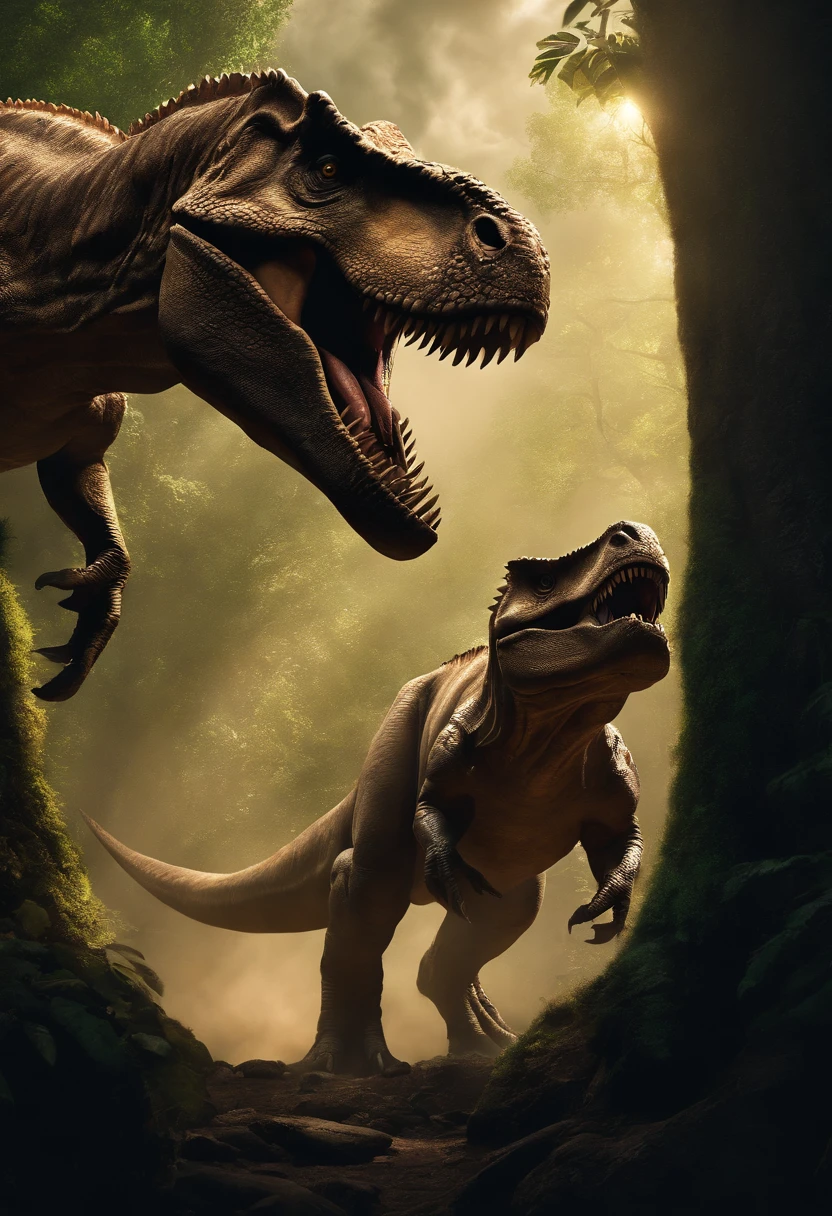 una feroz batalla entre un T-Rex y un triceratops, (La mejor calidad, 4k, Altas Resoluciones, Ultra detallado), Lucha intensa, rugidos y trompetas, Dusty prehistoric landscape, Sombras realistas, vivid colors, (Detallado, intrincado, elaborar) Escamas y texturas de dinosaurios, Dynamic Moves, (feroz, determinado) Expresiones en las caras de dinosaurios, (poderoso, muscular) Cuerpos, dientes afilados y cuernos, (big size ass, imponente) Size, (dramatic, dynamic) luci, (poderoso, energetic) Plantea, (tension, anticipation) En el aire,1 versus 1,sangre,cazando,defendiendose,lucha de vida o muerte