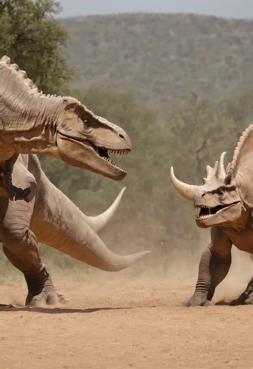 una feroz batalla entre un T-Rex y un triceratops, (La mejor calidad, 4k, Altas Resoluciones, Ultra detallado), Lucha intensa, rugidos y trompetas, Dusty prehistoric landscape, Sombras realistas, vivid colors, (Detallado, intrincado, elaborar) Escamas y texturas de dinosaurios, Dynamic Moves, (feroz, determinado) Expresiones en las caras de dinosaurios, (poderoso, muscular) Cuerpos, dientes afilados y cuernos, (big size ass, imponente) Size, (dramatic, dynamic) luci, (poderoso, energetic) Plantea, (tension, anticipation) En el aire,1 versus 1,sangre,cazando,defendiendose,lucha de vida o muerte