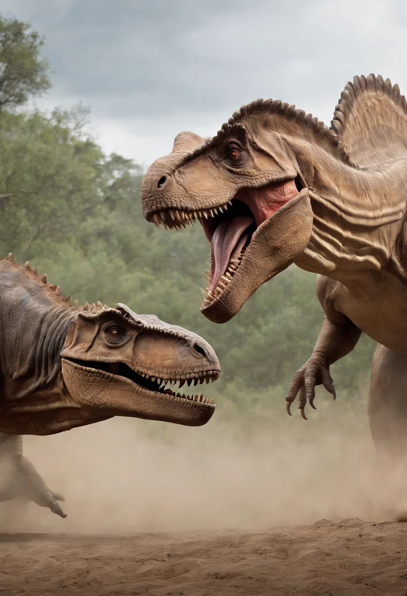 una feroz batalla entre un T-Rex y un triceratops, (La mejor calidad, 4k, Altas Resoluciones, Ultra detallado), Lucha intensa, rugidos y trompetas, Dusty prehistoric landscape, Sombras realistas, vivid colors, (Detallado, intrincado, elaborar) Escamas y texturas de dinosaurios, Dynamic Moves, (feroz, determinado) Expresiones en las caras de dinosaurios, (poderoso, muscular) Cuerpos, dientes afilados y cuernos, (big size ass, imponente) Size, (dramatic, dynamic) luci, (poderoso, energetic) Plantea, (tension, anticipation) En el aire,1 versus 1,sangre,cazando,defendiendose,lucha de vida o muerte