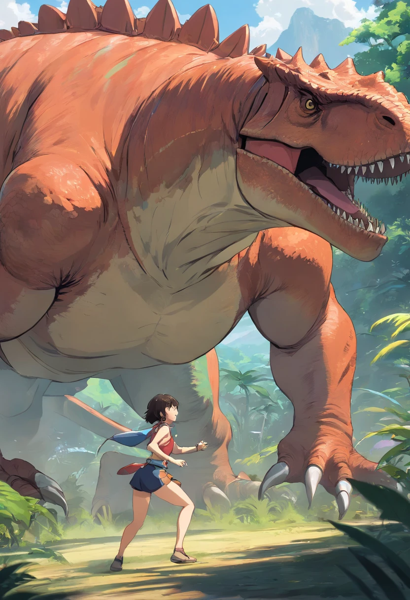 una feroz batalla entre un T-Rex y un triceratops, (La mejor calidad, 4k, Altas Resoluciones, Ultra detallado), Lucha intensa, rugidos y trompetas, Dusty prehistoric landscape, Sombras realistas, vivid colors, (Detallado, intrincado, elaborar) Escamas y texturas de dinosaurios, Dynamic Moves, (feroz, determinado) Expresiones en las caras de dinosaurios, (poderoso, muscular) Cuerpos, dientes afilados y cuernos, (big size ass, imponente) Size, (dramatic, dynamic) luci, (poderoso, energetic) Plantea, (tension, anticipation) En el aire,1 versus 1,sangre,cazando,defendiendose,lucha de vida o muerte