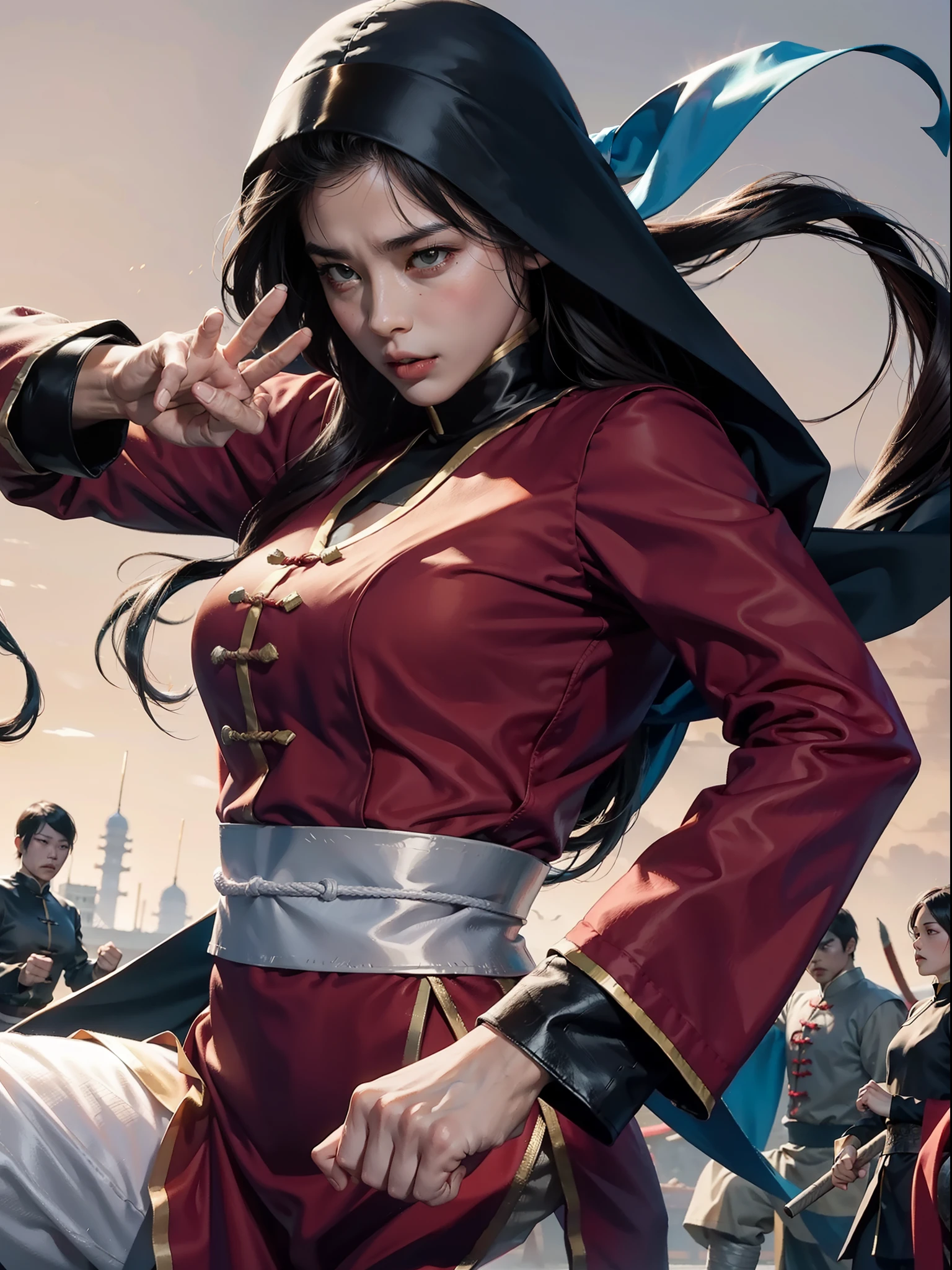 shang chi fighting with nun chhucks, dynamic combat pose, chinese, martial arts,