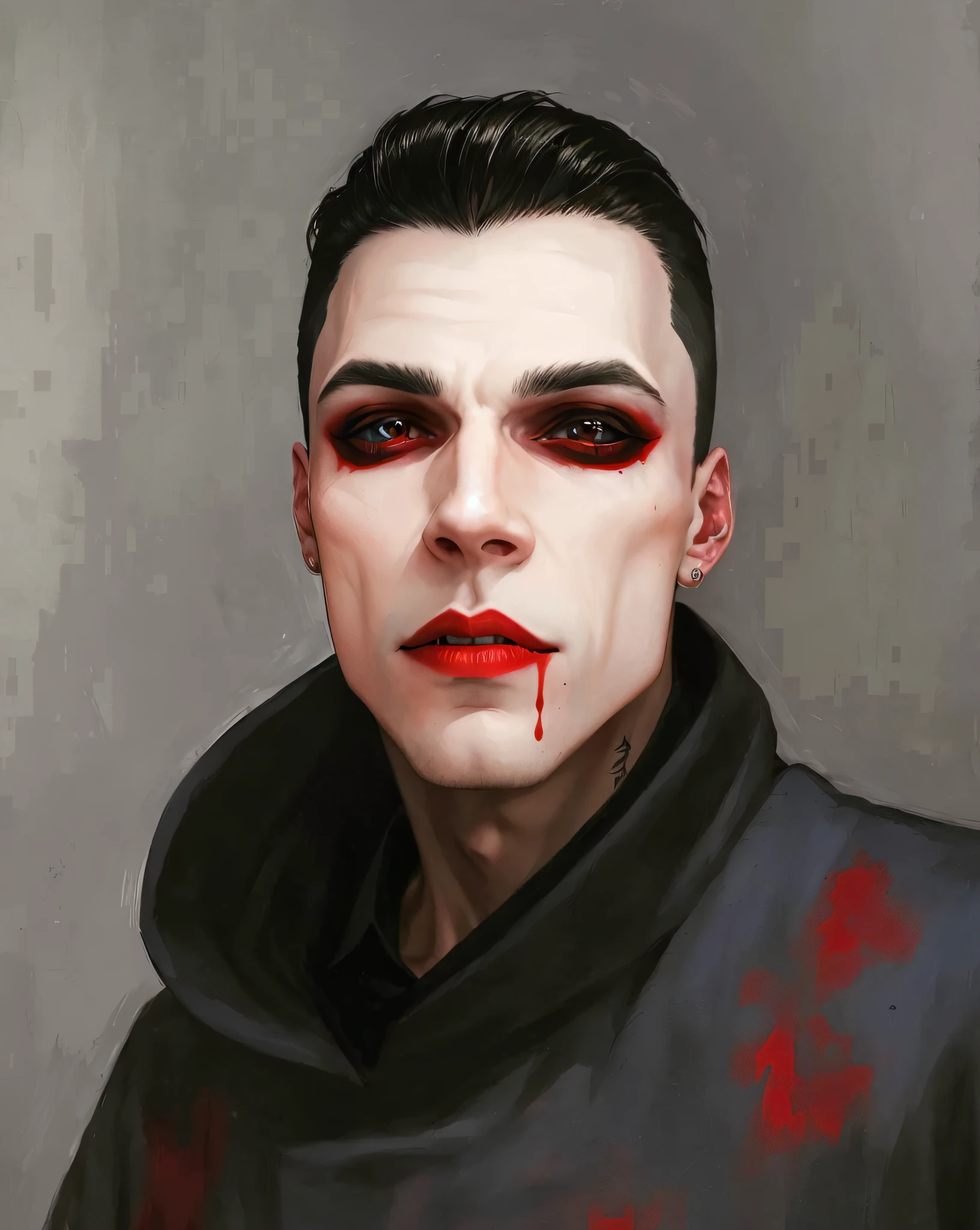 pintura de um homem com sangue no rosto e batom vermelho, vampiro macho, androgynous vampire, retrato do vampiro, male vampire of clan banu haqim, vampiro masculino bonito, cara bonito na arte demon slayer, vampire of clan lasombra, inspirado em Jean Malouel, his eyes are bleeding intense, vampiro triste, Rossdraw 1. 0