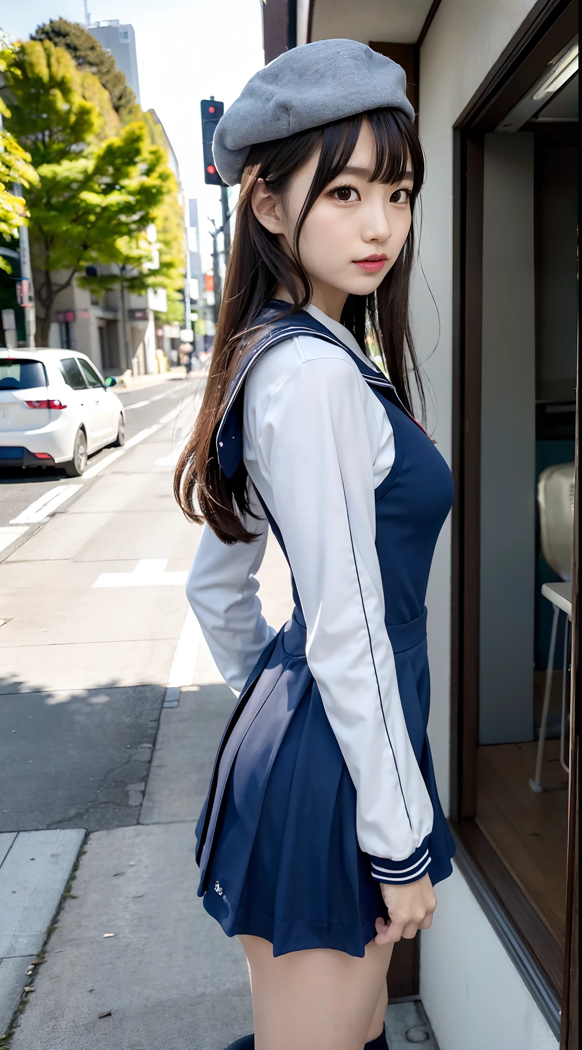mix4, (16 K, Raw photography, Top image quality, masterpiece: 1.45), (realisitic, Photorealsitic: 1.37), one girls, 7.5, etc、Standing figure,Noon time slot、cute little, A city scape,, profetional lighting, photon maping, Cityscape with street trees, physically-based renderingt, Gradient dark brown hair,, a handsome, Well-groomed and beautiful eyes、Large double eyelids、Very shiny、girl with, (((student clothes、Long sleeve sailor suit worn by Japan schoolgirl、red cuffs、Dark blue mini skirt, Small gray beret、Dark blue knee-high socks、Black loafers))), Top Quality Photos, hight resolution, 1080p, (clearface), (Detailed face description), (Detailed hand description), (masterpiece), (Exquisite CG)、extreme light and shadows、dishevled hair、master work、abundant detail、(Fine facial features)、(top quality photo)、(masuter piece)、(A detailed eye)、Look in front of you、Fine clavicle、((Slender big))、(((Japan schoolgirl in long-sleeved sailor suit)))、((Ready Idol System))、((Boulevard with street trees、Roads at the scramble intersection))、(Shooting from random perspectives)、(((Anyway cute)))、耳Nipple Ring、A big smile、Drawing the whole body from the knees、Do not draw nasolabial folds、(((Long-sleeved sailor suit)))、(Big breasts that hang down big:1.2)、Big buttocks with tension、Two arms and two legs、(((from the front side:0.5)))、bare hand、No mask
