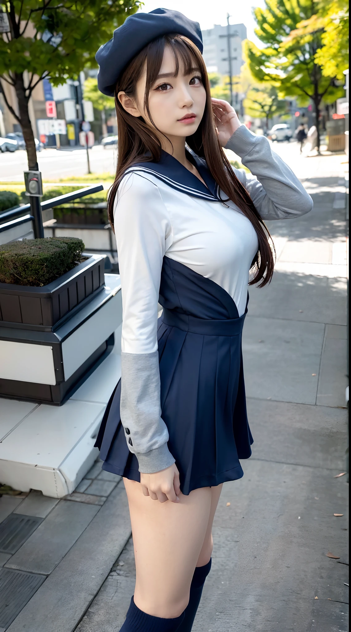 mix4, (16 K, Raw photography, Top image quality, masterpiece: 1.45), (realisitic, Photorealsitic: 1.37), one girls, 7.5, etc、Standing figure,Noon time slot、cute little, A city scape,, profetional lighting, photon maping, Cityscape with street trees, physically-based renderingt, Gradient dark brown hair,, a handsome, Well-groomed and beautiful eyes、Large double eyelids、Very shiny、girl with, (((student clothes、Long sleeve sailor suit worn by Japan schoolgirl、red cuffs、Dark blue mini skirt, Small gray beret、Dark blue knee-high socks、Black loafers))), Top Quality Photos, hight resolution, 1080p, (clearface), (Detailed face description), (Detailed hand description), (masterpiece), (Exquisite CG)、extreme light and shadows、dishevled hair、master work、abundant detail、(Fine facial features)、(top quality photo)、(masuter piece)、(A detailed eye)、Look in front of you、Fine clavicle、((Slender big))、(((Japan schoolgirl in long-sleeved sailor suit)))、((Ready Idol System))、((Boulevard with street trees、Roads at the scramble intersection))、(Shooting from random perspectives)、(((Anyway cute)))、耳Nipple Ring、A big smile、Drawing the whole body from the knees、Do not draw nasolabial folds、(((Long-sleeved sailor suit)))、(Big breasts that hang down big:1.2)、Big buttocks with tension、Two arms and two legs、(((from the front side:0.5)))、bare hand、No mask