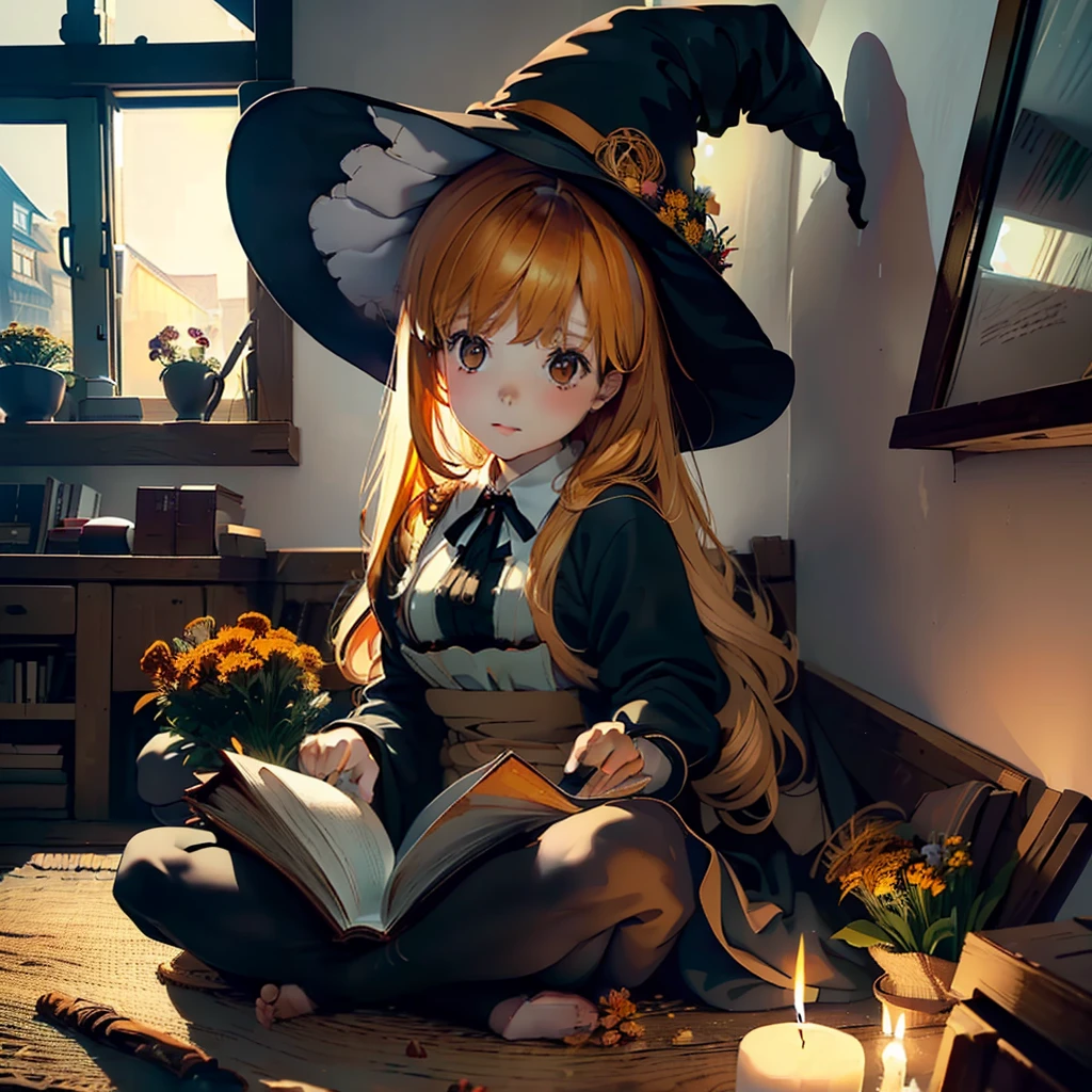 Best Quality,masutepiece,(Anime style),ultra-detailliert,A detailed face,One girl, brown bun hair:1.3, Brown eyes,(((Log house without detailed windows,Witch's Room,With you:1.3,Bundles of dried herbs and dried flowers to be hung on the wall:1.3,Big desk and lots of books,Lots of bookshelves,Lots of candles))),culottes,Black socks,Night,The lights are dim,(((The Darkness:1.3,Candlelight in the dark)))