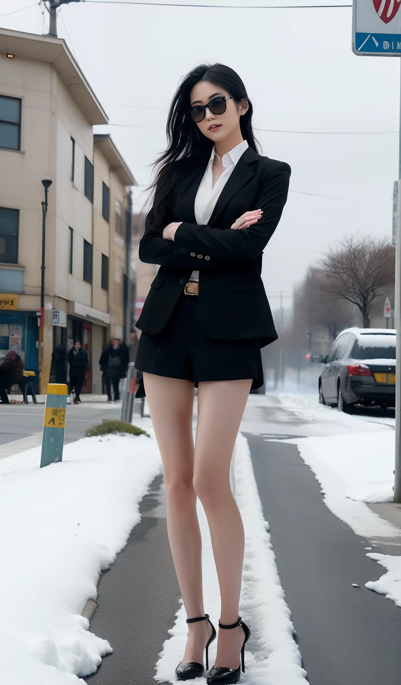 A Japanese Lady、beauitful face、Long black hair、Black sunglasses、black suits、Black Micro Shorts、Black heels、beauty legs、Raw feet、Tall、long legged、Clean thighs、arms in arms、Oyuki、snow blowing、snow cover、blizzard、heavy wind、Hair disheveled by the wind