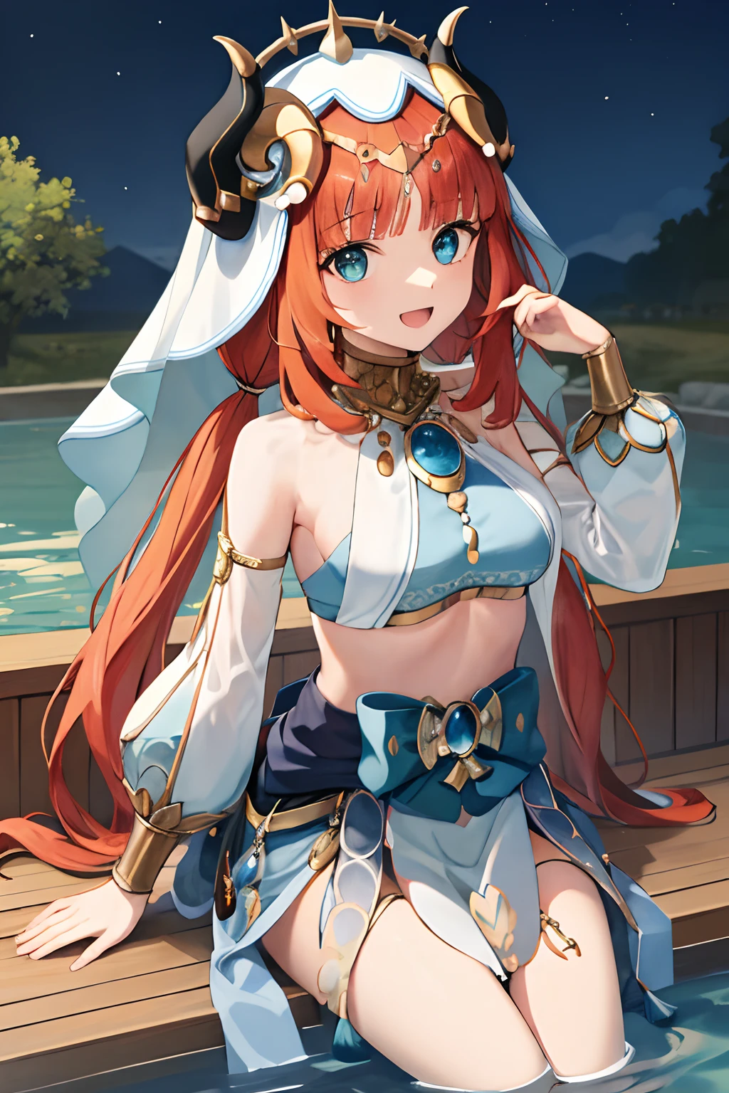 masterpiece, best quality,  absurdres, nilou (neither flower nor mist) (genshin impact), aqua eyes, nilou (genshin impact), fake horns, 1girl, solo, red hair, veil, smile, long hair, crop top, jewelry, horns, night, bracer, brooch, long sleeves, puffy long sleeves, looking at viewer, skirt, bangs, twintails, water, puffy sleeves, sky, neck ring, open mouth, :d, flower, harem outfit, gold trim, parted bangs, arm up, breasts, circlet, outdoors, blue skirt, hair ornament, detached sleeves, low twintails, floating hair, gem, hair flower, blue gemstone, masterpiece, highres, best quality, 1girl solo, kamisato_ayaka, sitting, from above, looking at viewer, light smile, wading, wet hair, night, poolside, japanese onsen