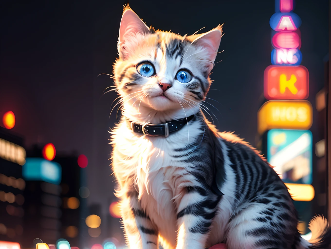 (best quality) a short and (ultra-detailed) blue-gray kitten with (cool twinkling) eyes stands confidently in front of a (blurry city) backdrop of neon lights and high-rise buildings in the distance. The contrast of the (fashionable) kitten against the heavily urban scene emphasizes the (arrogance). eyes closed.