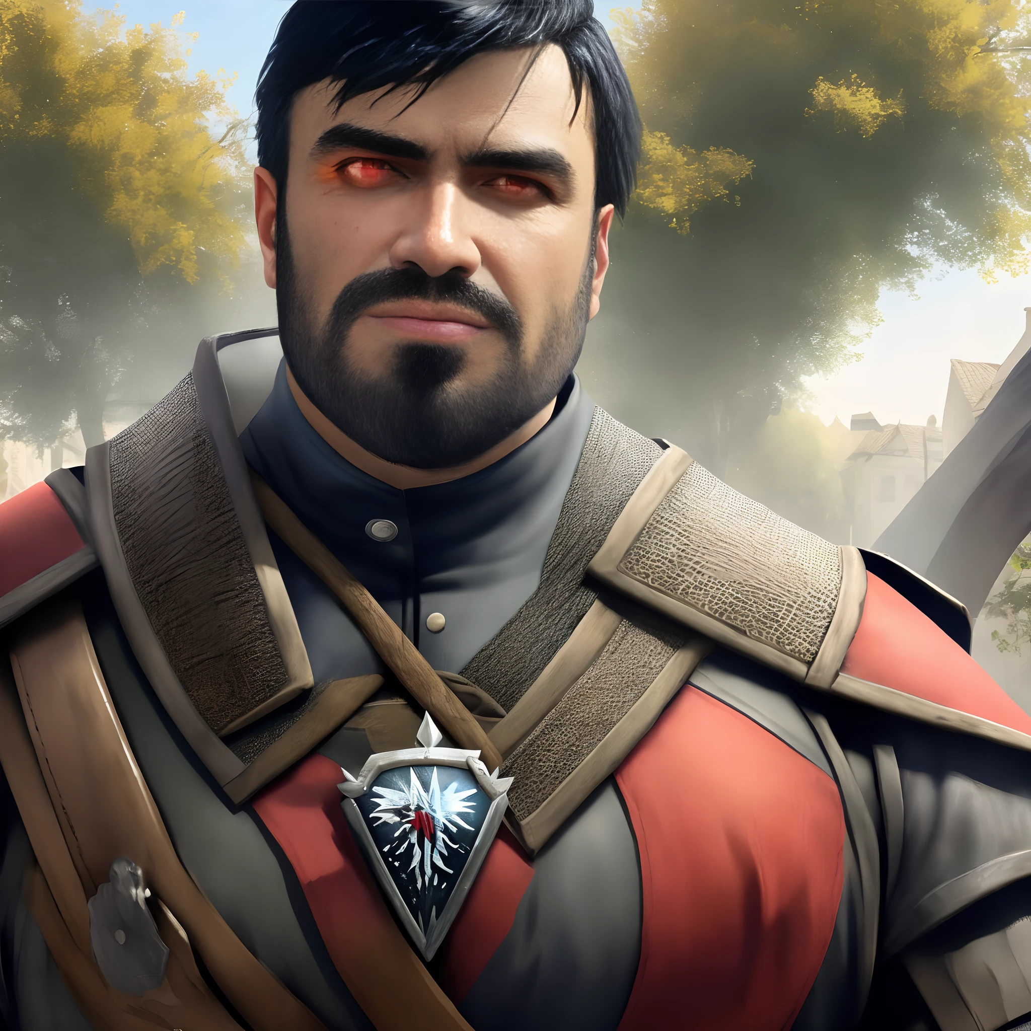 David, shirt black hair, black beard, wearing Witcher armor, the Witcher, glowing red eyes, high quality, in a village