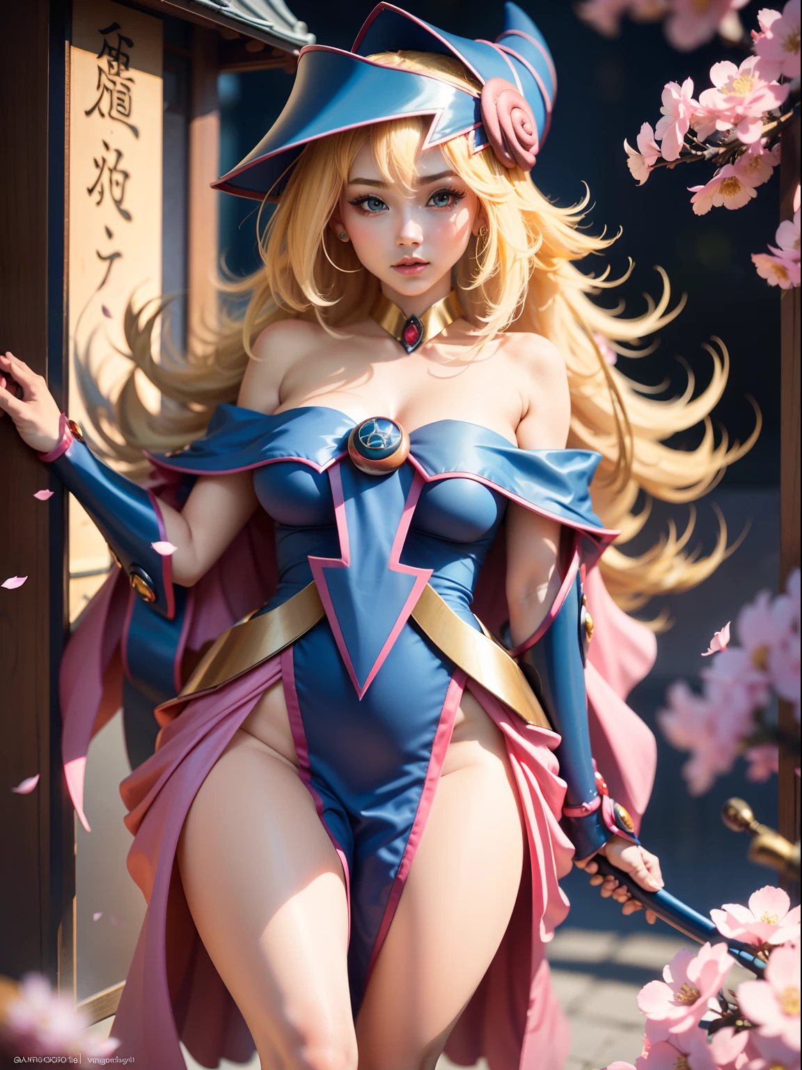 cuerpo completo,Plano completo,SFW,Russian goddess princess girl in the image of a geisha with big bright blue eyes and long fluffy eyelashes Nordic type with a perfect elegant figure and very long fluffy wavy hair of bright wheat color is in full growth in the alley against the background of Japanese pink sakura in bloom in Japanese kimono color bright navy blue and Japanese shoes gane color bright navy blue, The girl's lace kimono is intricately patterned with ultra-short frank cutouts., Small breasts with protrusion are visible through the fabric and on the girl's ears there are beautiful earrings with precious navy blue sapphires that shine and shine in the light. The soil on which the girl is located is strewn with cherry blossoms., The scene is highly artistic, High resolution, foco nítido, Migjorni-V5 artistic style, hiperfotorrealismo, proporciones perfectas, Photo of the golden ratio, bengala, contorno, luz del sol, Brillo suave, Enfoque suave, Photo-style smooth focus through a Monocle lens.