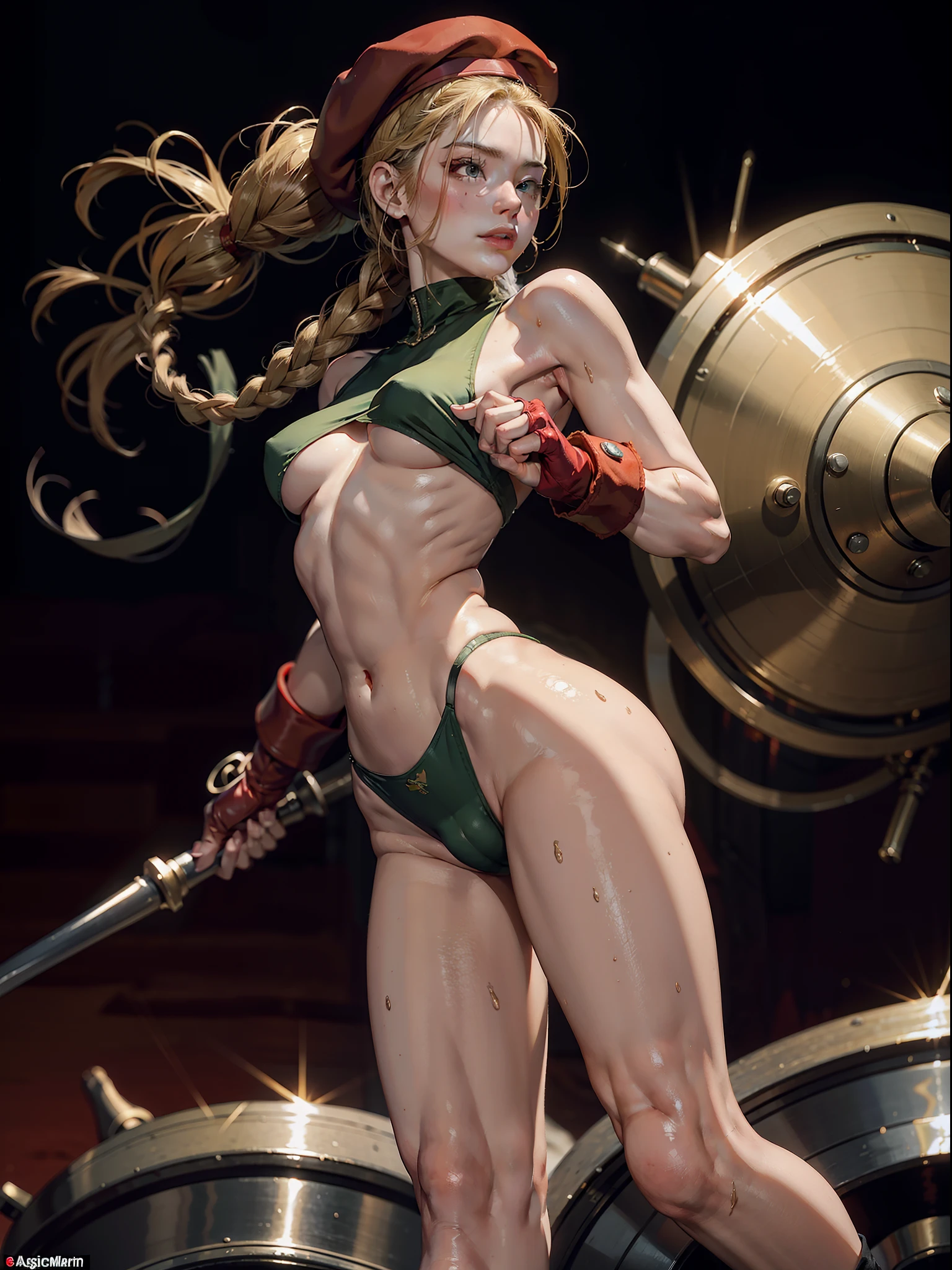 Best Quality, Masterpiece, Ultra High Resolution, rembrandt Lighting, night time, background dark, cammy street fighter, attractive, long blonde braided hair, wearing red army beret hat, sexy singlet vibrant green outfit, wearing red combat gloves, combat boots, leggings, no cleavage, seductive, extra curves, wet skin, petite breasts, white skin, 3/4 shot of adynamic combat pose, big thighs, slim waist, shy, sfw, scantily clad, ripped, revealing outfit, camel toe, flawless masterpiece kawaii, perfect body, perfect face, perfect hands, perfect fingers, sexy pose, PERFECT ANATOMY