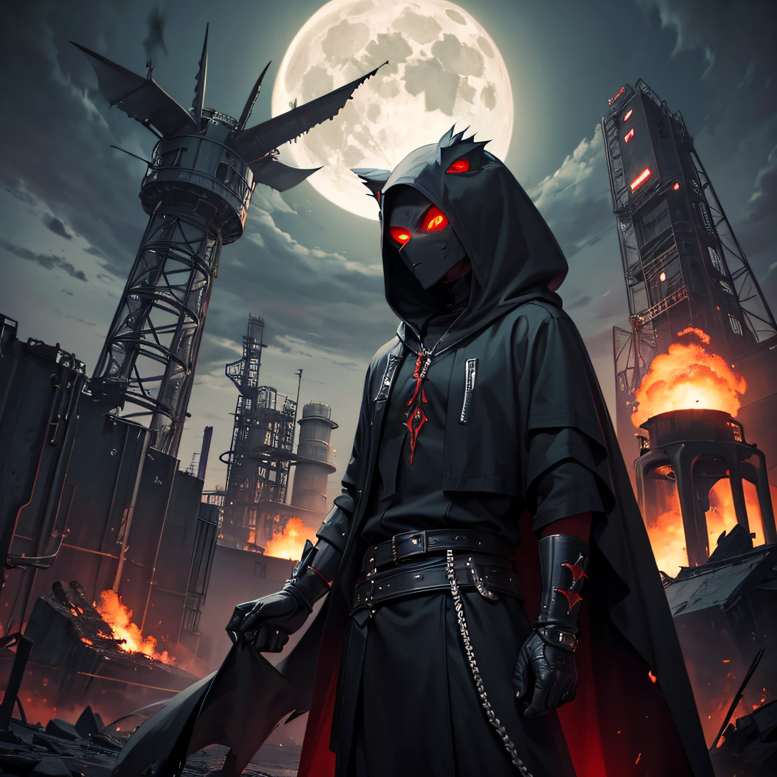 An ancient creature in the form of an evil anthropomorphic lizard in a black torn robe with a belt, soars above the spiral abyss, in which hundreds of lost souls fly to nowhere, There is a hood on the head of the creature, The face is fierce, On the face of a leather half-mask, Eyes glow red, There are bare trees around, Destroyed houses, Abandoned oil refinery, Winter ominous evening, full moon, Palette: Black, Red, Green, White, Gray, Dark Fantasy Style, max detail