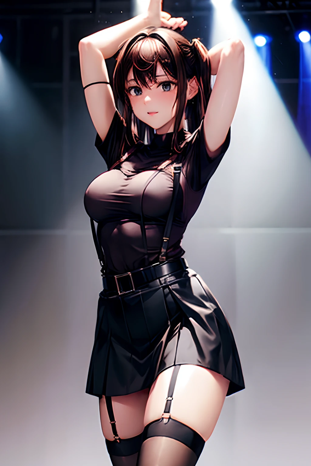 Black skirt, suspenders, Brown hair Gray eyes, Garter belt on the legs, Tight black clothes, a belt Armpit sweat Dark look Moderately breasts holster chain poneyTail Water wetting