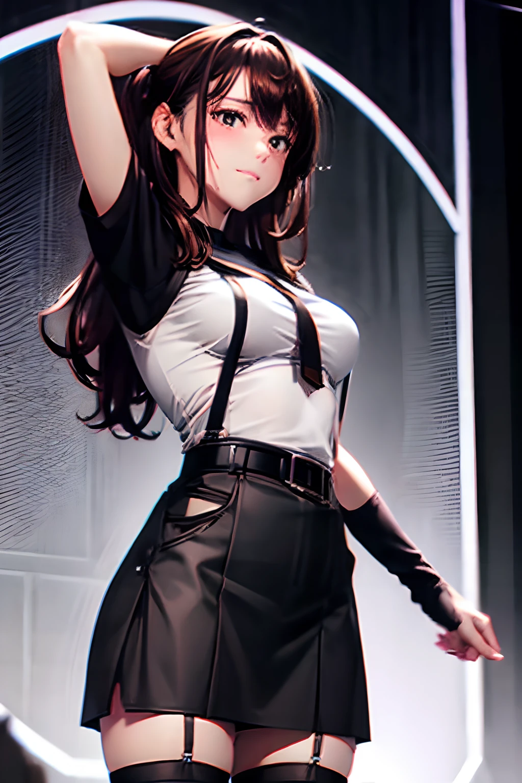 Black skirt, suspenders, Brown hair Gray eyes, Garter belt on the legs, Tight black clothes, a belt Armpit sweat Dark look Moderately breasts holster chain poneyTail Water wetting