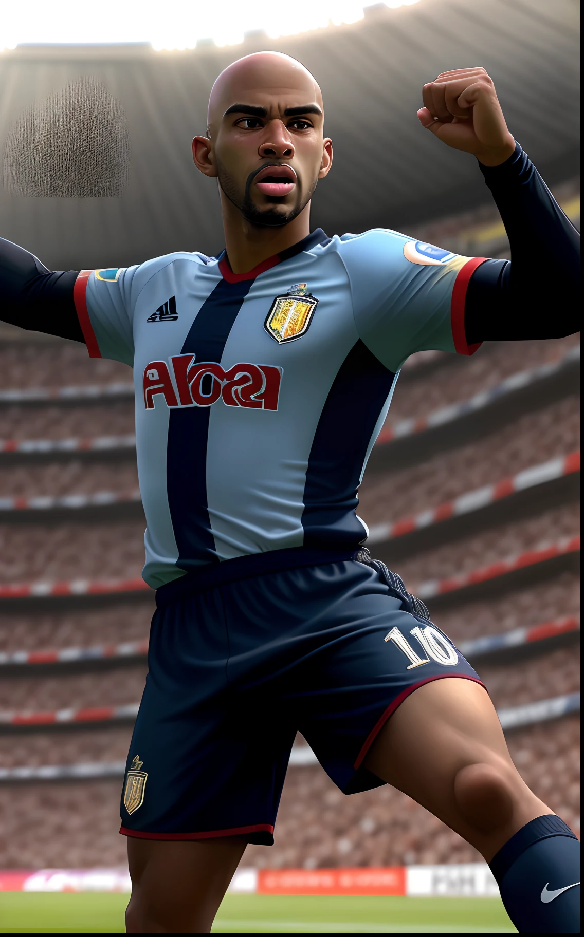 Joe Rat, the legendary striker of the World Soccer Champions, It's on the field, prestes a marcar um gol. He's wearing his team's No. 10 jersey, o Cerrado, and he has an expression of concentration on his face. He's a bald black man