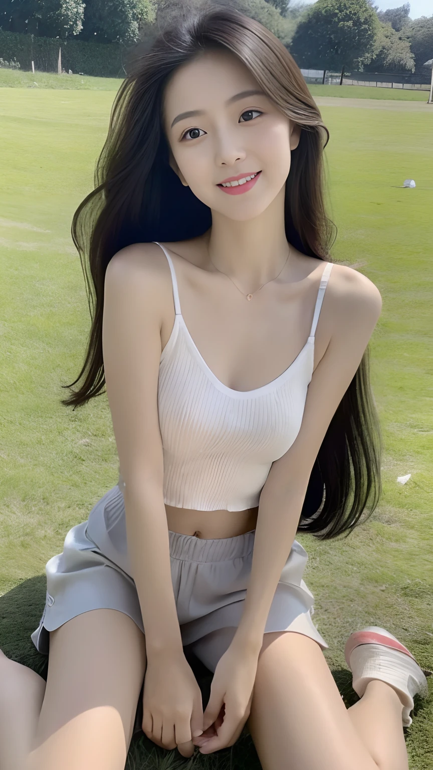 ((best qualtiy, 8K, tmasterpiece:1.3)), A pretty maiden，Pure，Melon seed face，gentle and cute，A sweet smile，Pure desire，Thin stature，(frontage)，(Tilt your head)，staring right into camera，Light gray top，(sweat shorts)，Cropped shirt，Open navel，Short-sleeved，Light gray shirt，Tight shirt，Light white top，Black silky long, Straight hair，Long hair flowing over the shoulders，round black big eyes，Clear big eyes，Hydrated red lips，Sweet，sitted，with blue sky and white clouds，grassy fields，Buildings，