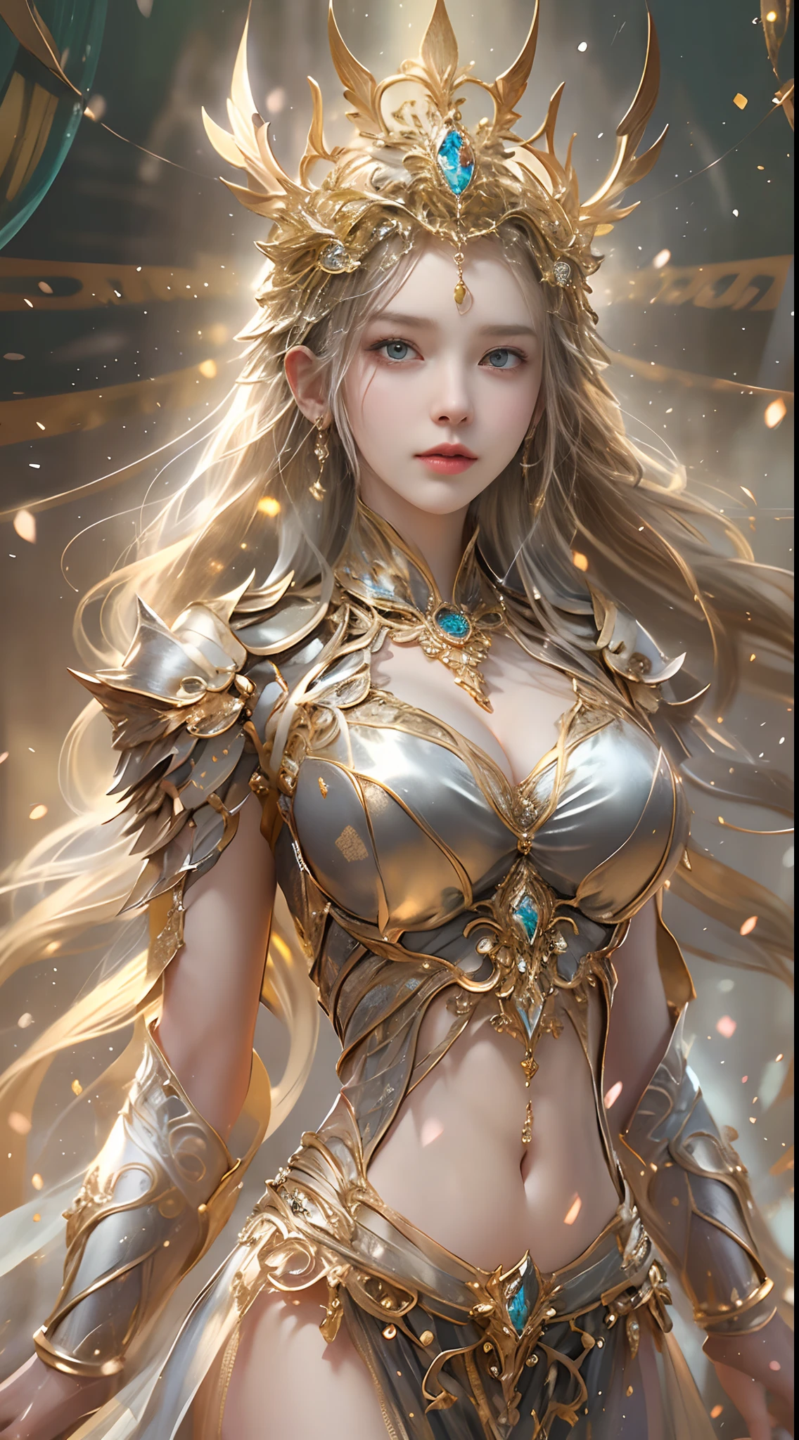 Woman in a golden transparent dress,view the viewer,(((Huge breasts, Large cleavage))),Slim waist,(navel baring,Bare waist), Long hair, Ultra-detailed details,High-end Zhenyi station, Rainstorm site, detailed fantasy art, Stunning character art, Beautiful and exquisite character art, Beautiful gold and silver armor, Extremely detailed, Girl in shiny armor, Exquisite tiaras and jewelry,Crystal jewelry filigree, milky ways, Stunning visuals, (dynamic streaks, light tracks:1.2), Vibrant colors,