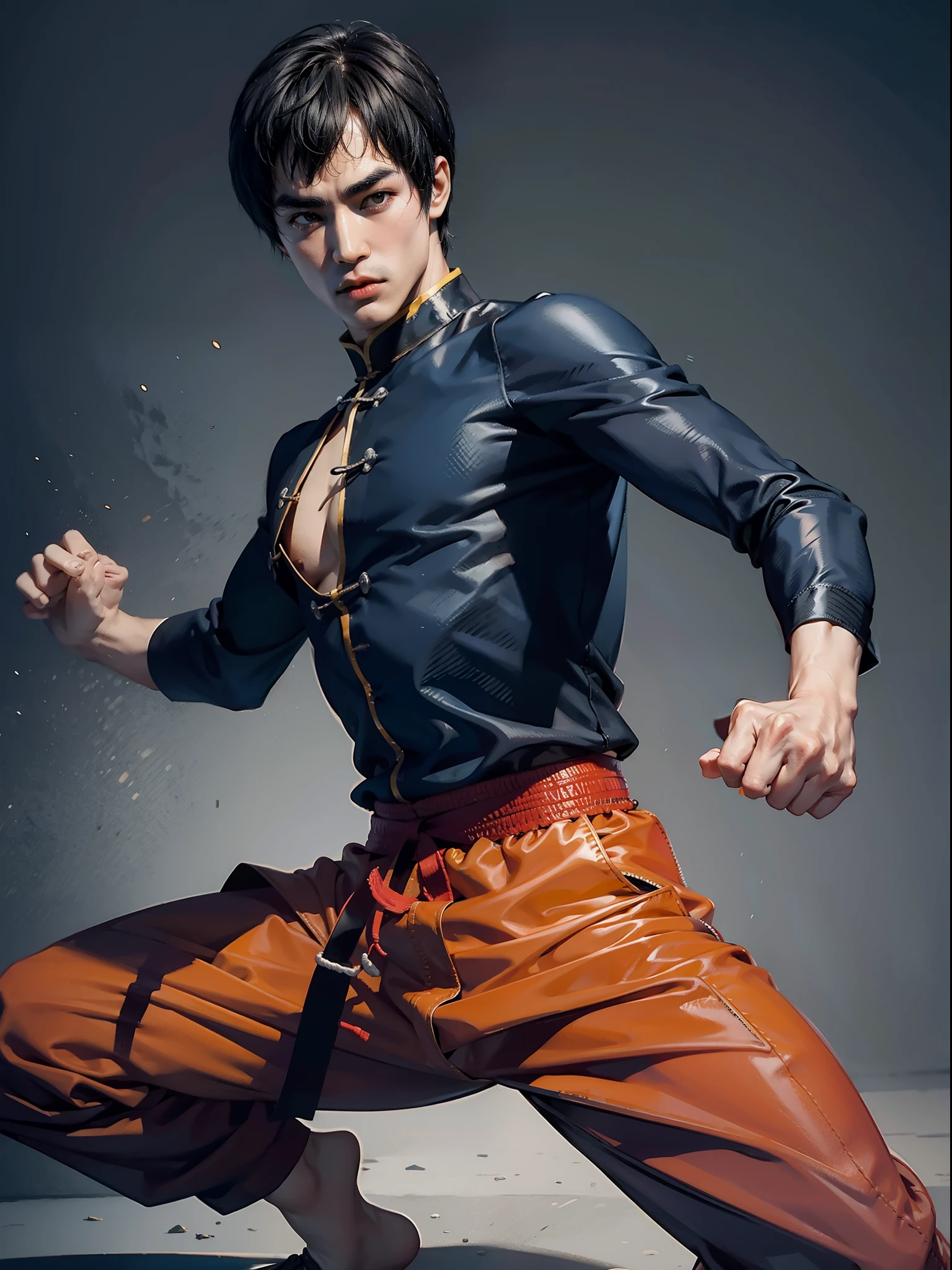 bruce lee with nun chhucks, dynamic combat pose, chinese, martial arts,