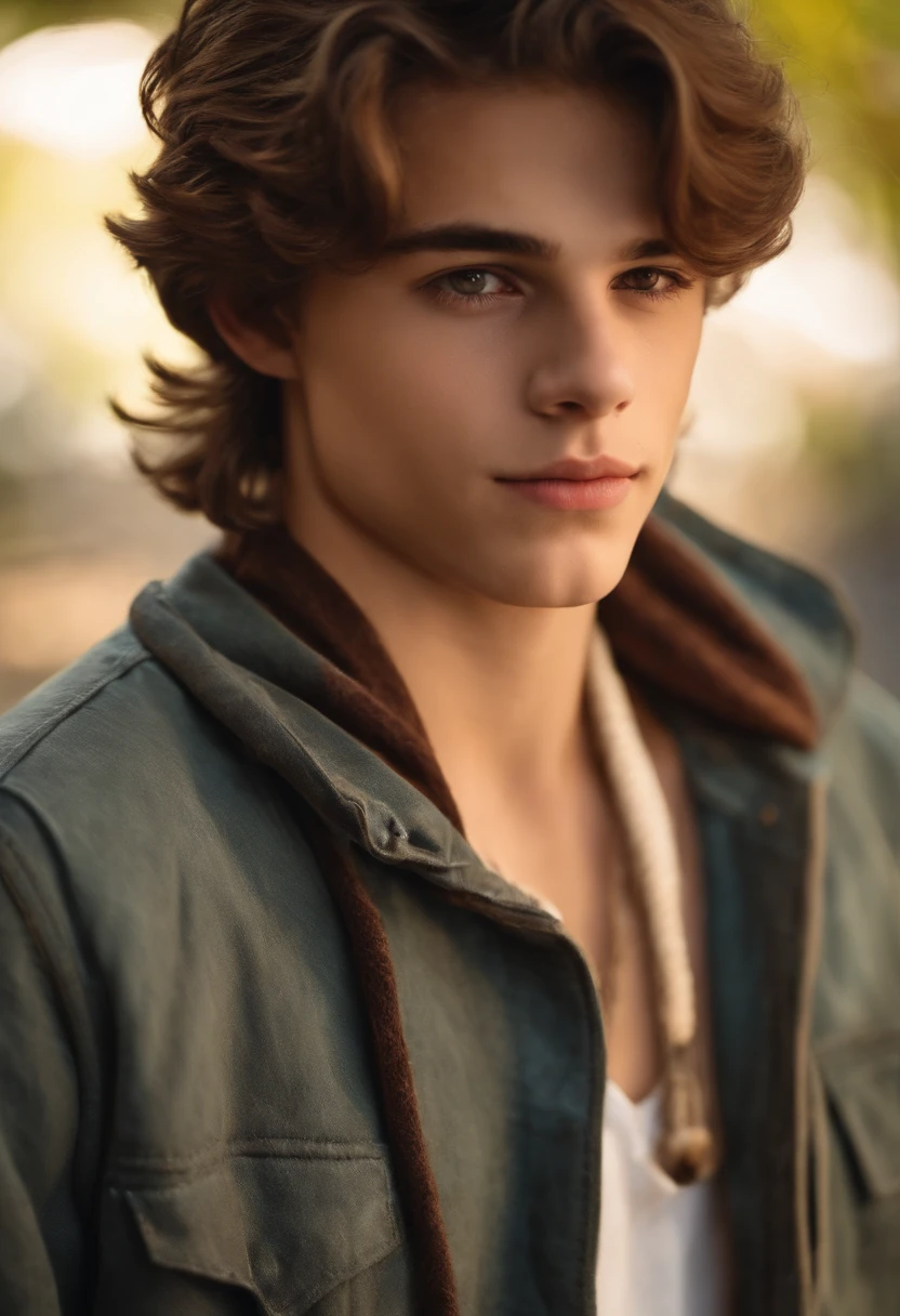 um homem de 15 anos, with brown hair of medium length, olhos castanhos, angular jaw, adolescente, Adolescente, usando fones de ouvido pretos.