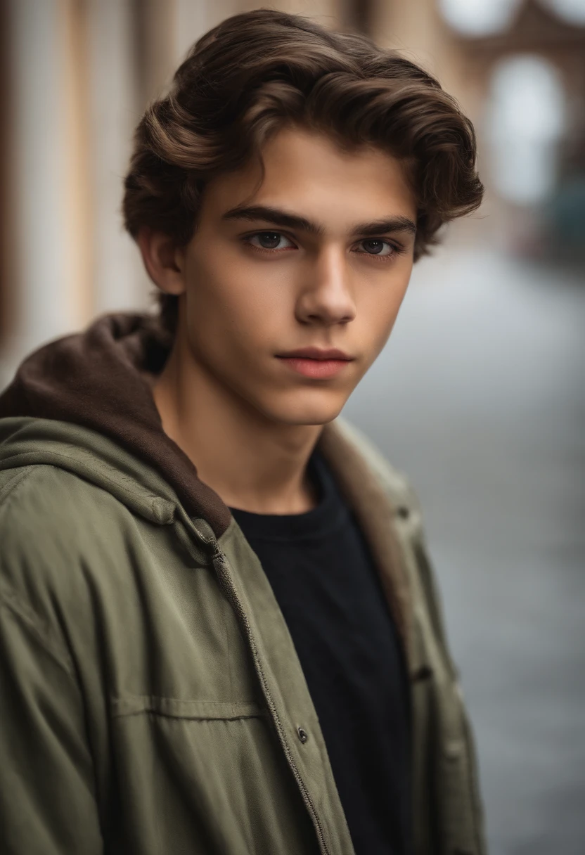 um homem de 15 anos, with brown hair of medium length, olhos castanhos, angular jaw, adolescente, Adolescente, usando fones de ouvido pretos.