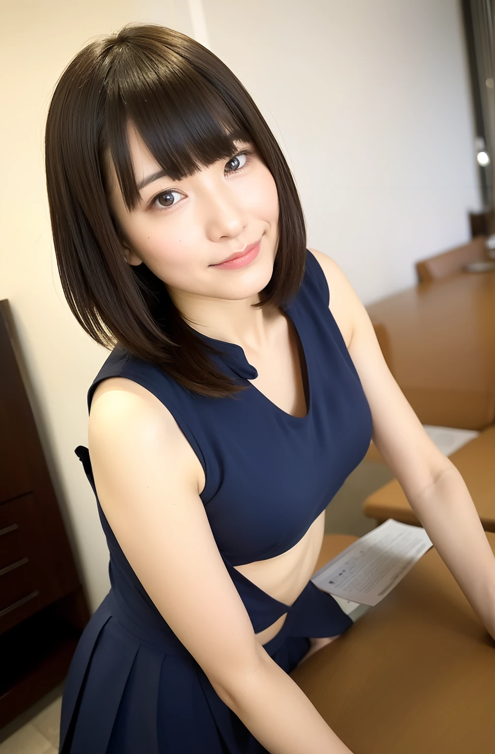 8K Highest Quality、​masterpiece、超A high resolution、photo-like、beautiful japanese female、Elegance、There is a good、Gradient lighting、1girl in、Delicate skin、Look here、Brown-eyed、short hair with bangs、Photorealsitic、Raw photography、pureerosface、Trimmed length、Sleeveless、Round Neck、pleats、cafes、Composition looking up from the floor、You can see the ceiling、The navel is visible、breasts are small、school uniform、Carry a shoulder bag on your back、