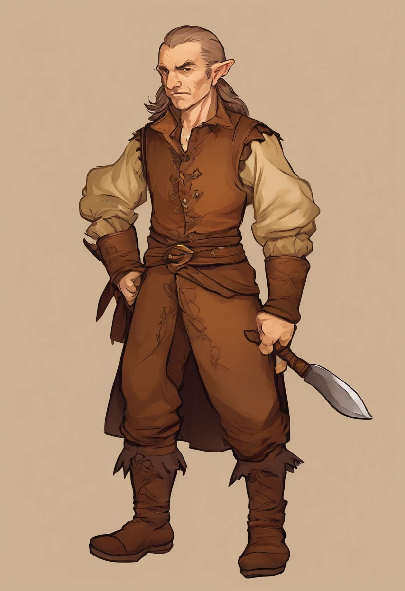 halfling, in leather shirt, fantasy style, brown and dull yellow and dark brown in color, masterpiece, best quality