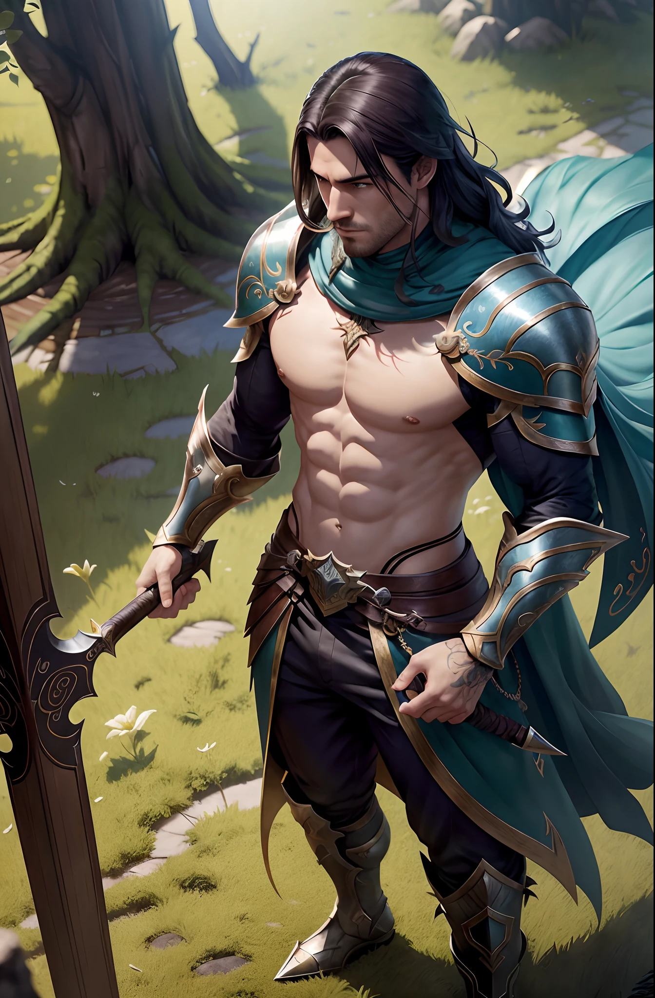 Arafed guerreiro masculino com espada e armadura andando por uma floresta, guerreiro masculino, Tyler Edlin Arte de fantasia, imagem de um guerreiro masculino adulto, epic fantasy character art, male barbarian, Directed by: Isidore Kršnjavi, Graphic artist Magali Villeneuve, Directed by: Shen Zhou, conceito de personagem de fantasia heroica, arte do personagem de fantasia, Directed by: Magali Villeneuve, tattoo