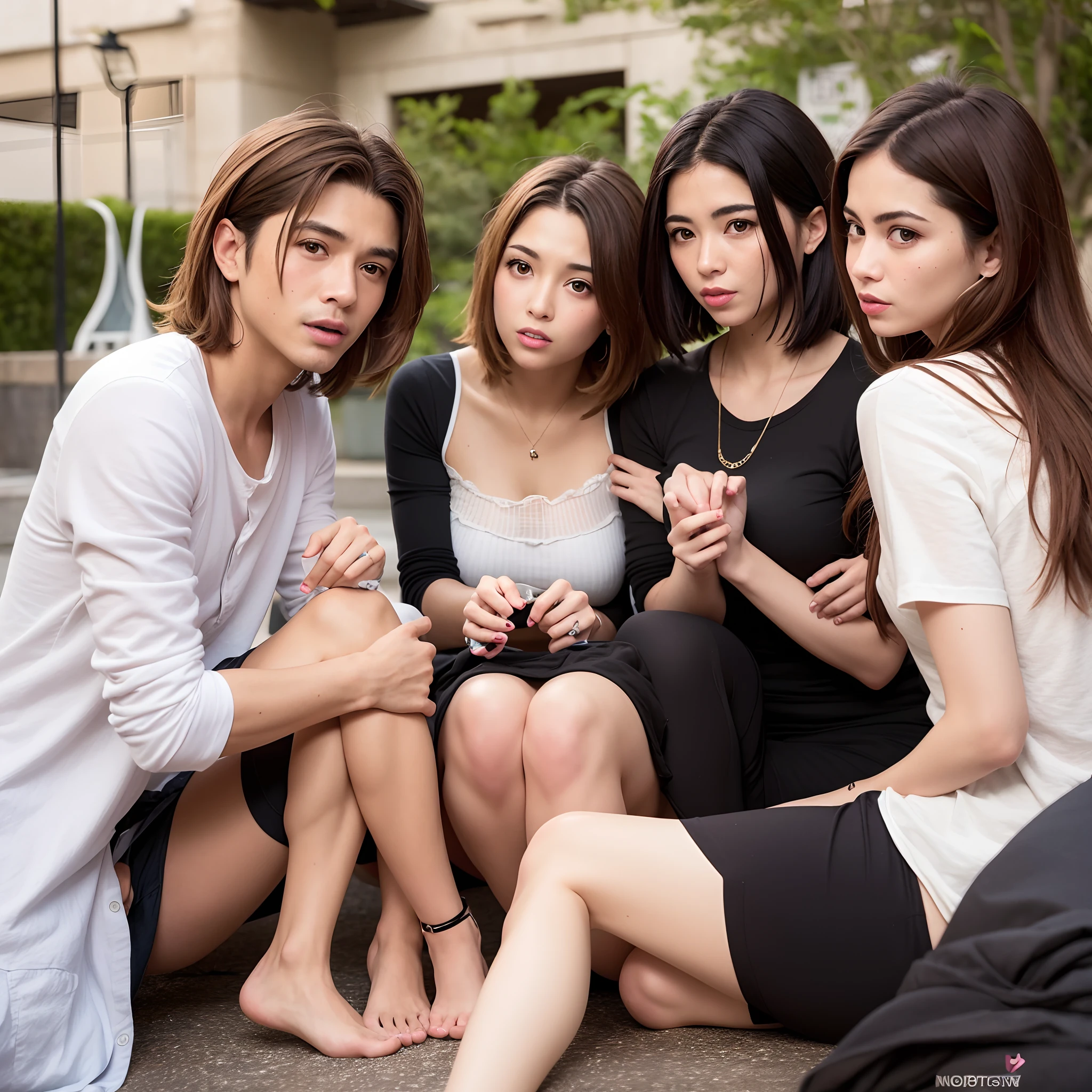 Grupo de pessoas sentados conversando, dois homens bonitos um loiro e um de cabelos castanhos medianos e tres mulheres bonitas uma loira uma morena e a outra ruiva