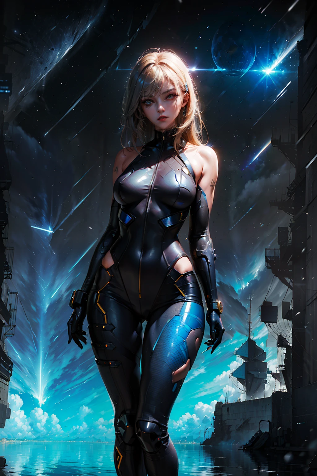 (((from face to the waist:1. 3)), (((beauty slim shape)))) best quality, hyperrealistic masterpiece, astonish anime beauty gray and golden cyberpunk biomech plugsuit superheroine, portrait photorealist, perfect and realist skin, glowing sharp vivid colors eyes, HDR, 4k