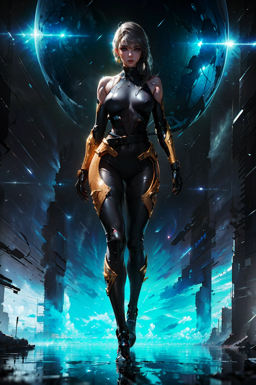 (((from face to the waist:1. 3)), (((beauty slim shape)))) best quality, hyperrealistic masterpiece, astonish anime beauty gray and golden cyberpunk biomech plugsuit superheroine, portrait photorealist, perfect and realist skin, glowing sharp vivid colors eyes, HDR, 4k