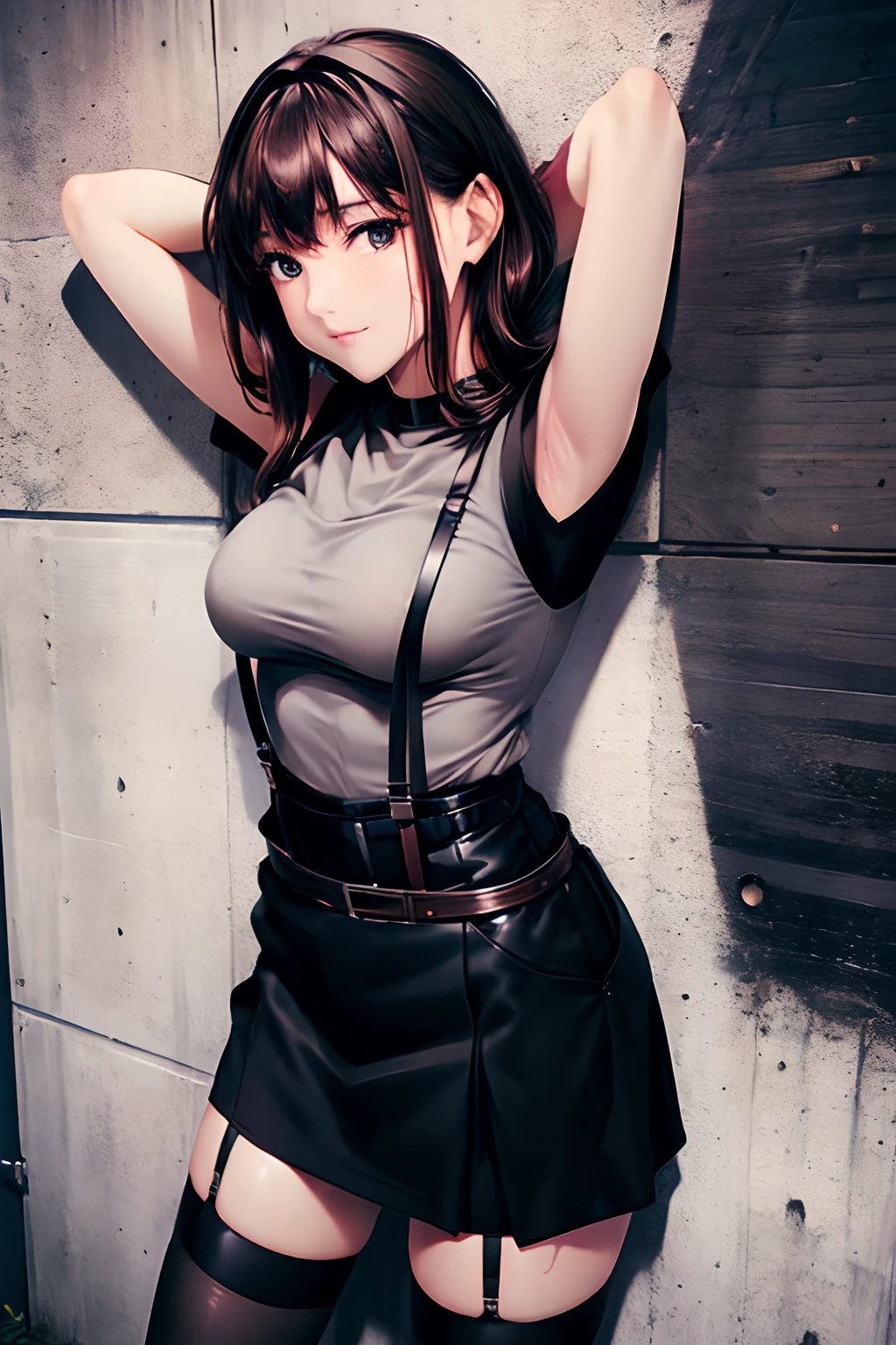 Black skirt, suspenders, Brown hair Gray eyes, Garter belt on the legs, Tight clothes, a belt Armpit sweat Dark look Moderately breasts holster chain poneyTail