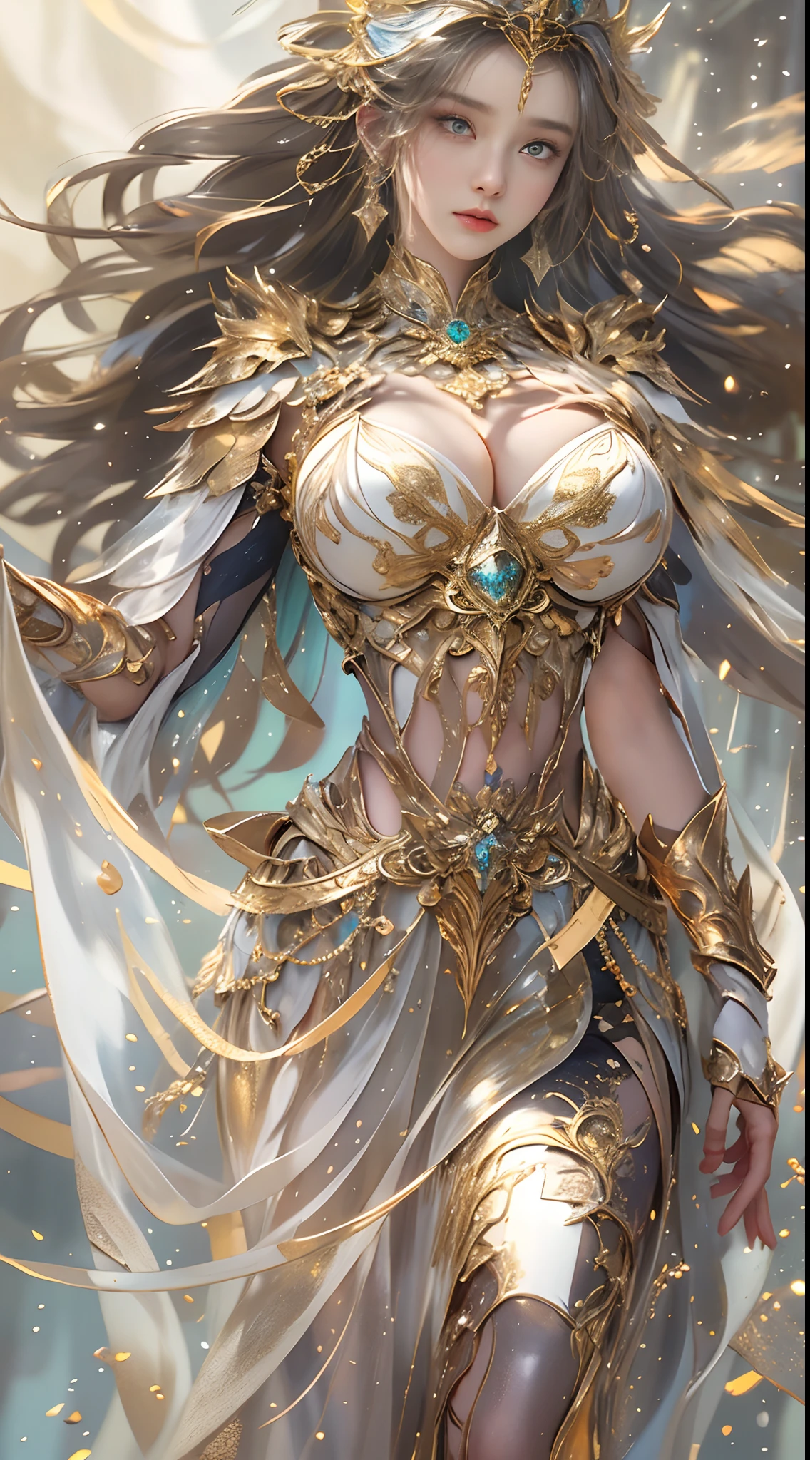 Woman in a golden transparent dress,view the viewer,(((Huge breasts, Large cleavage))),Slim waist,(navel baring,Bare waist), Long hair, Ultra-detailed details,High-end Zhenyi station, Rainstorm site, detailed fantasy art, Stunning character art, Beautiful and exquisite character art, Beautiful gold and silver armor, Extremely detailed, Girl in shiny armor, Exquisite tiaras and jewelry,Crystal jewelry filigree, milky ways, Stunning visuals, (dynamic streaks, light tracks:1.2), Vibrant colors,