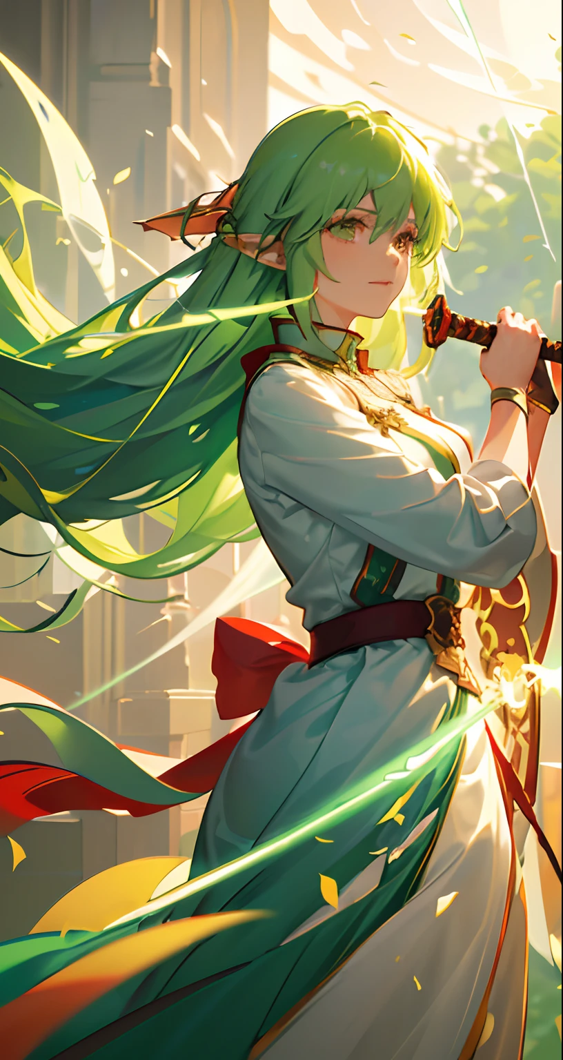 masterpiece、top-quality、Movie stills、One Girl、elvish、bright green hair、Longhaire、Hair in the air、(A thick sword that glows red)、Holding a sword、(a closeup:1.1)、with light glowing、happiness、A delightful、Soft lighting、(Bauhaus、form、line、abstracted:1.1)
