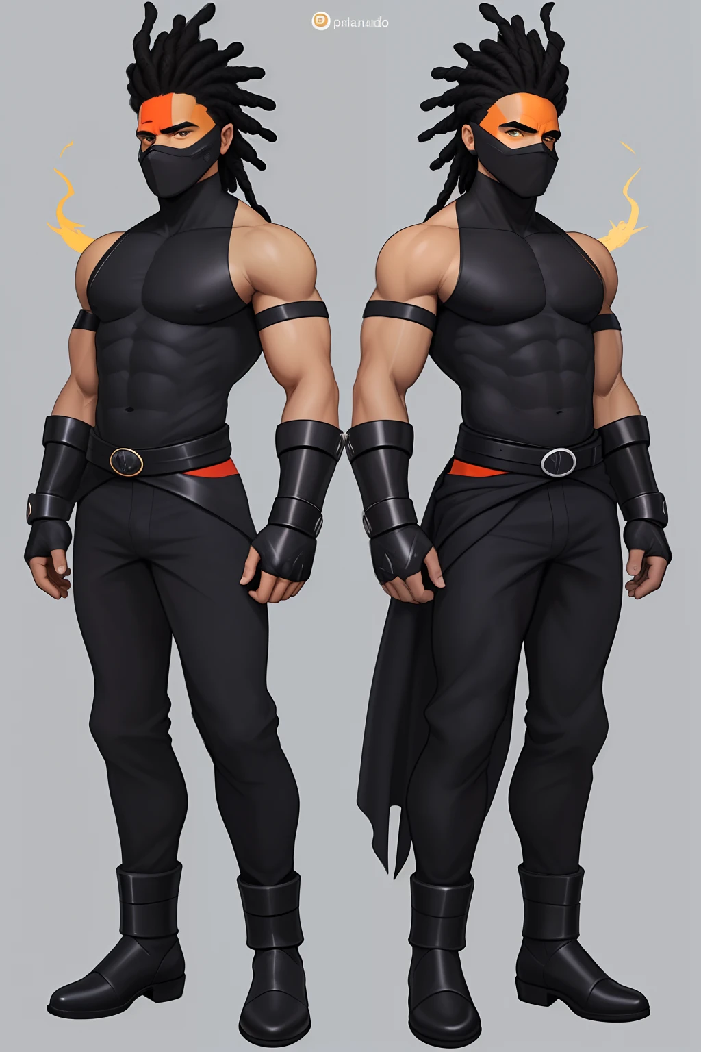 Create an image of a black ninja after an apocalypse in the future, afro cabelo caindo para frente, Rasta type but braided, corpo inteiro, vestindo um traje indiano ribulo africano corpo inteiro, A realistic 4K phoenix with blue orange feathers, dourado, cosmico , with a serious expression and looking forward, corpo inteiro .Olhos firmes, olhando para frente, Lightning in the sky, arms extended, olhando para frente, parado no topo de uma montanha, manto e capa vermelhos, cruz brilhante no ar((Estilo Art Vista de Corpo Inteiro, plano completo, vista frontal, Vista lateral, vista traseira, de personagem, Multiple views and poses, various points of view, um personagem, corpo inteiro, personagem com menos, estilo de roupa, no mesmo Estilo de cabelo, less Type of footwear, forte )):: ((whole body view, plano completo, vista frontal, vista traseira, design de personagem, Multiple views and poses, various points of view, de um personagem, corpo inteiro,, personagem com menos, estilo de roupa, no mesmo Estilo de cabelo, less Type of footwear))