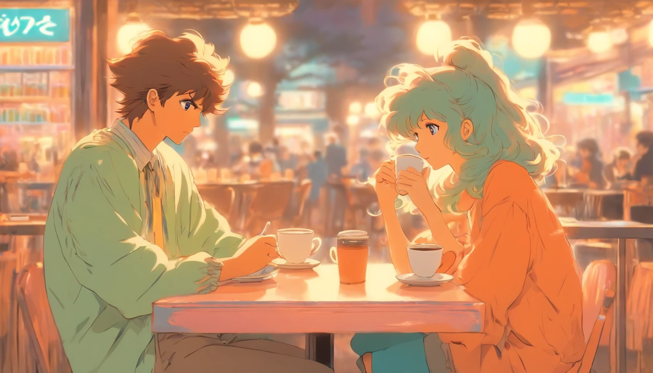 1980s anime, girl and a boy having coffee at a coffeeshop, retro fashion, muted pastel colors, by Tsukasa Hojo and Toshihiro Kawamoto