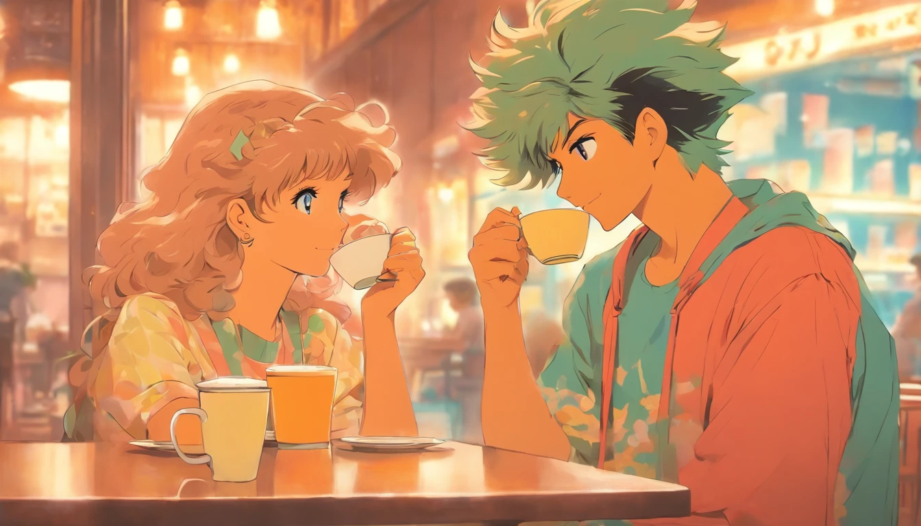 1980s anime, girl and a boy having coffee at a coffeeshop, retro fashion, muted pastel colors, by Tsukasa Hojo and Toshihiro Kawamoto