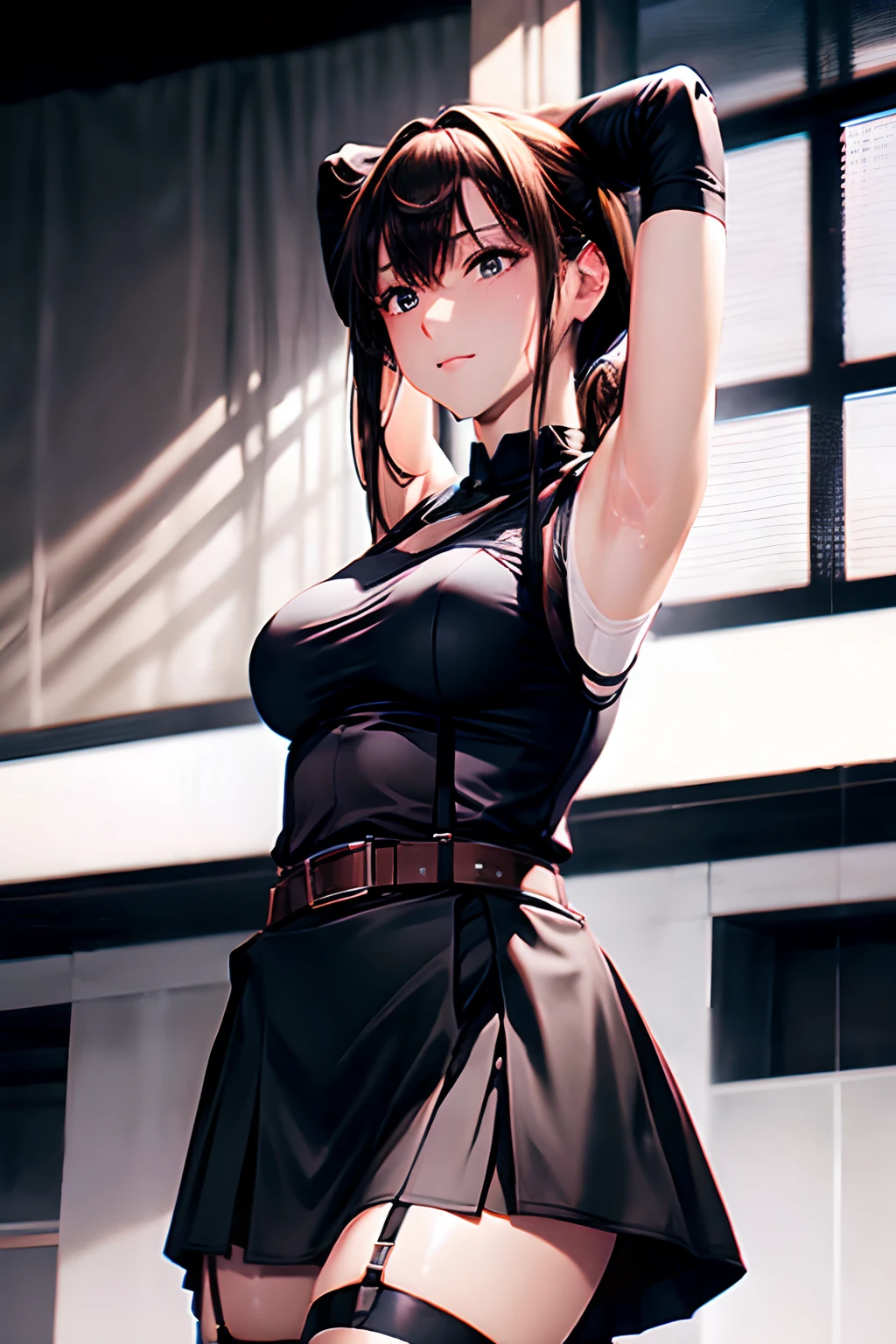 Black skirt, suspenders, Brown hair Gray eyes, Garter belt on the legs, Tight black clothes, a belt Armpit sweat Dark look Moderately breasts holster chain poneyTail Water wetting