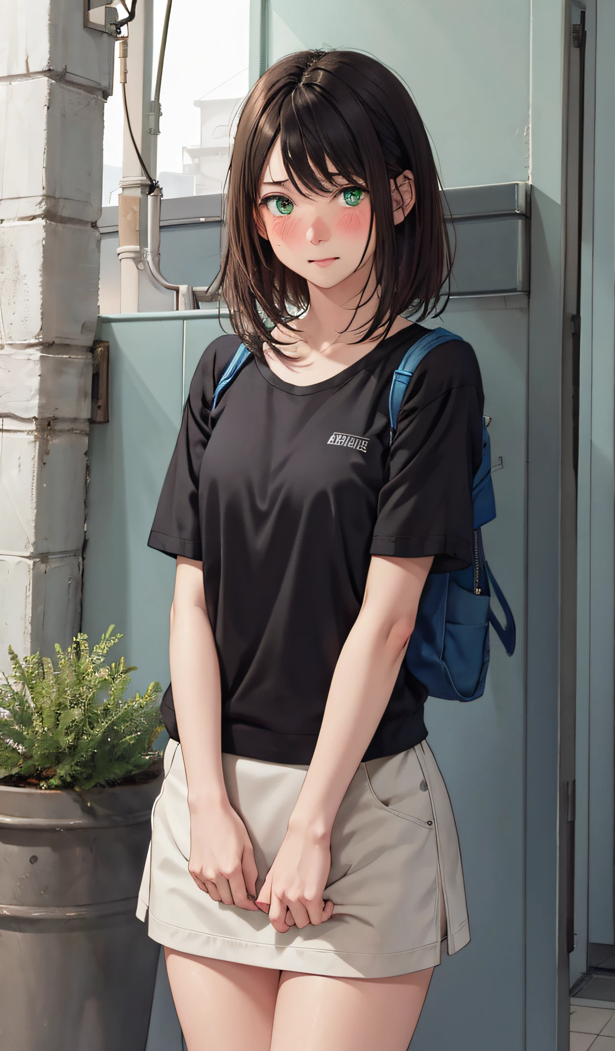 1 girl is taking to lavatory, looking away, standing, Green eyes, embarrassed, blush, Keep one's mouth shut, street (girl is peeing self:0.4)